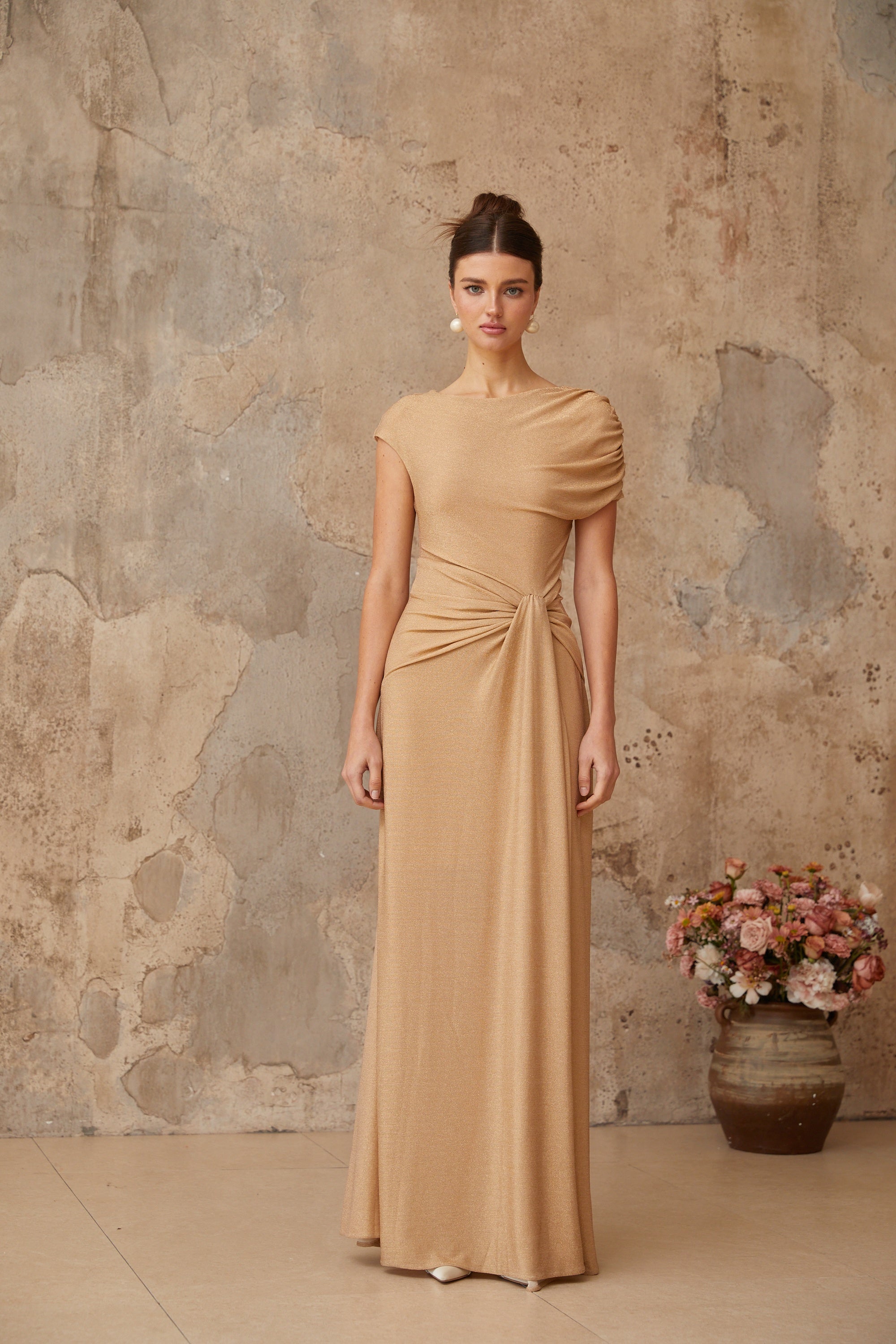 Rosalie gold asymmetrical pleated maxi dress