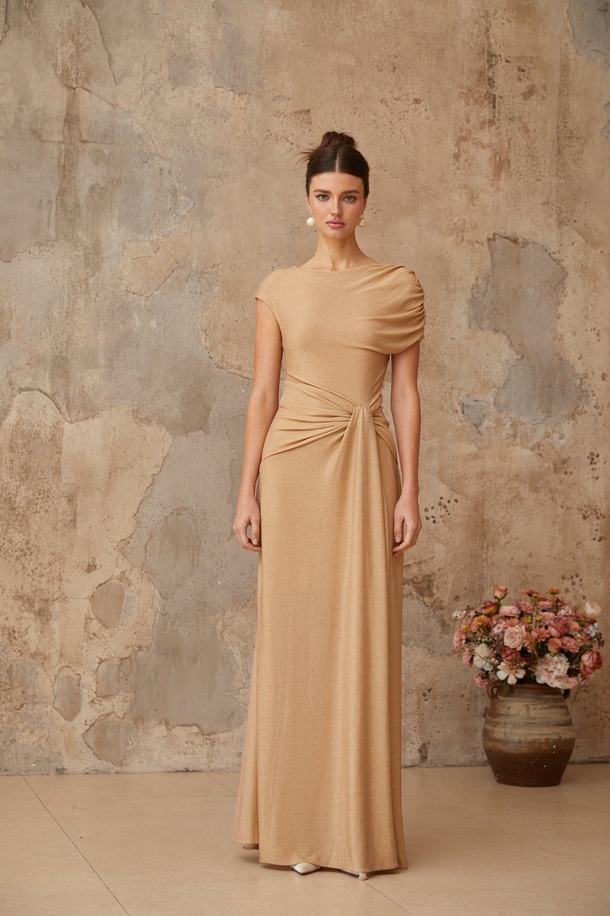 Rosalie gold asymmetrical pleated maxi dress (Final Sale-US Only)