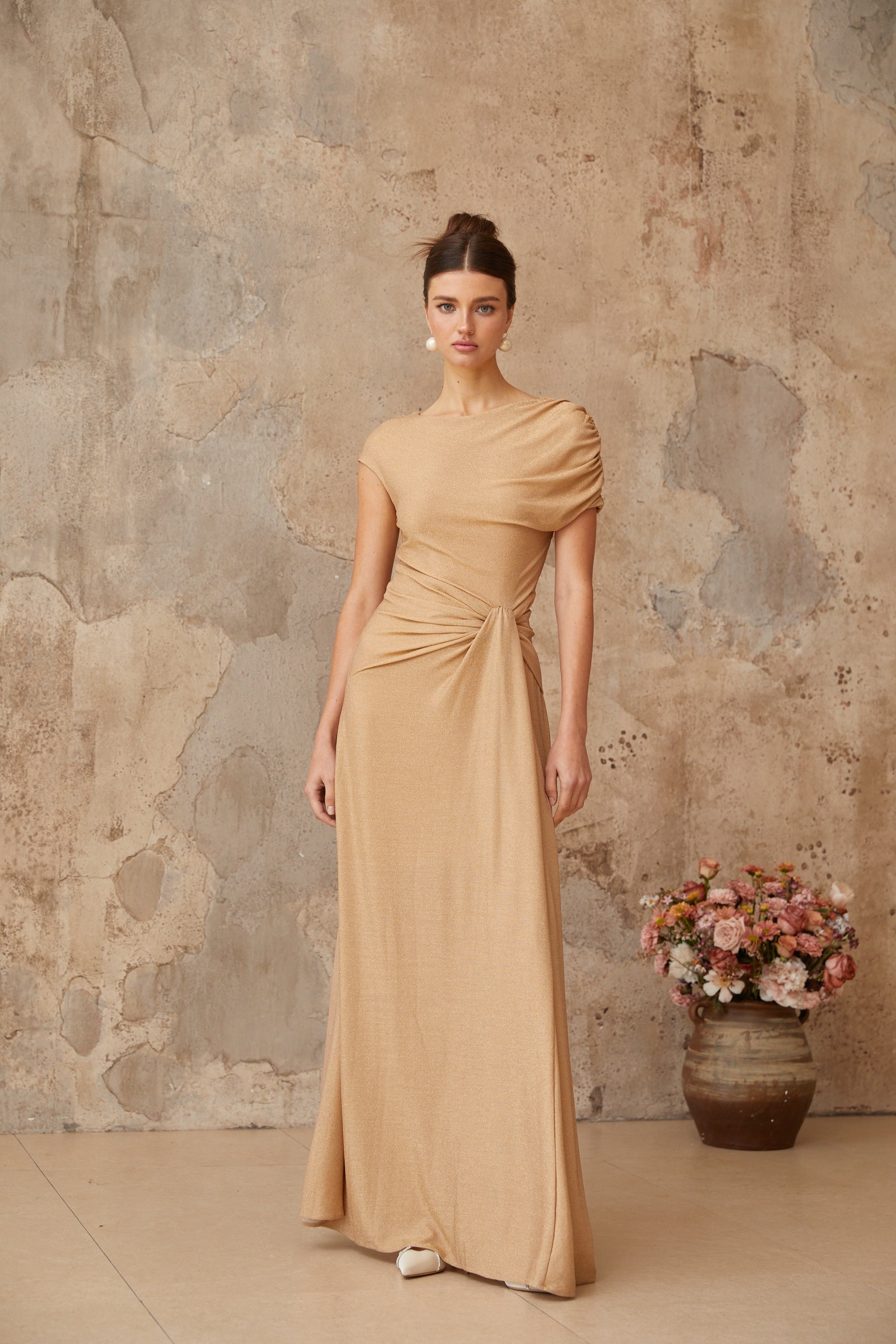 Rosalie gold asymmetrical pleated maxi dress