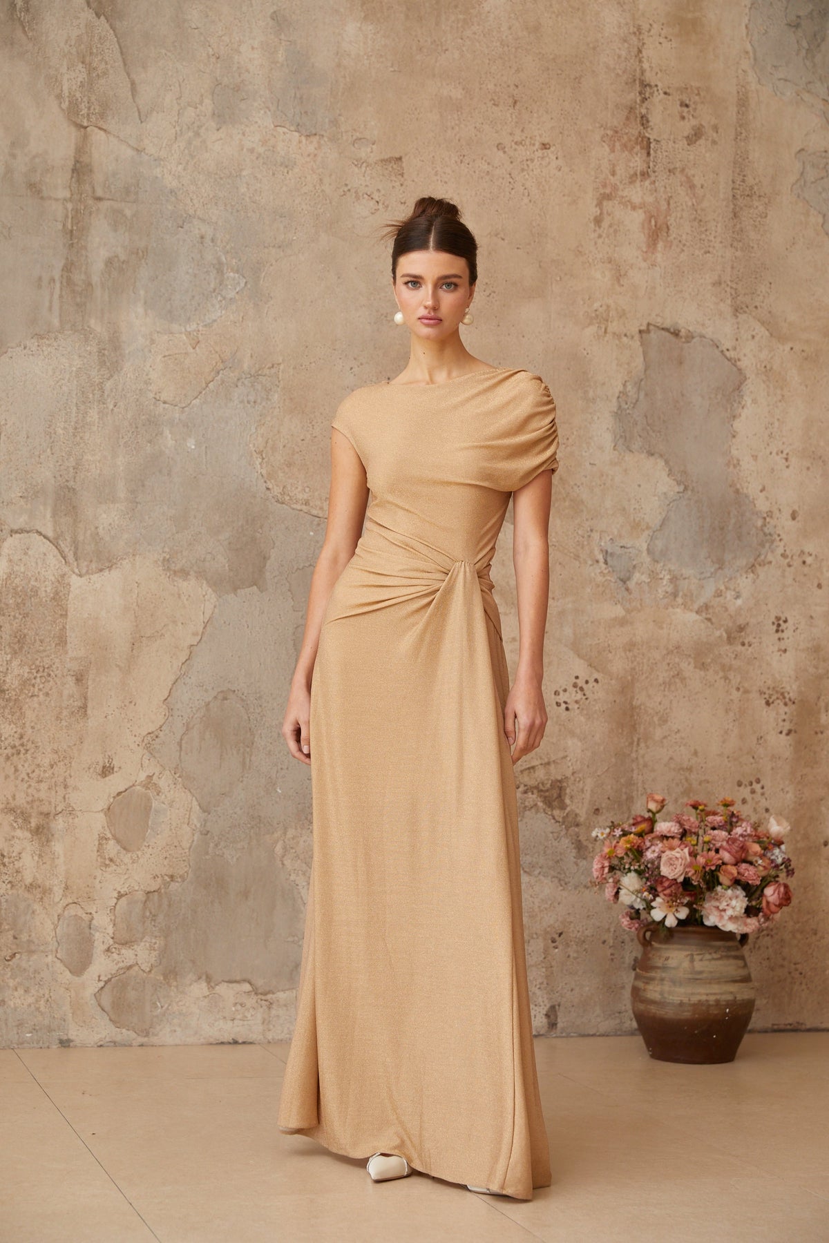 Rosalie gold asymmetrical pleated maxi dress (Final Sale-US Only)