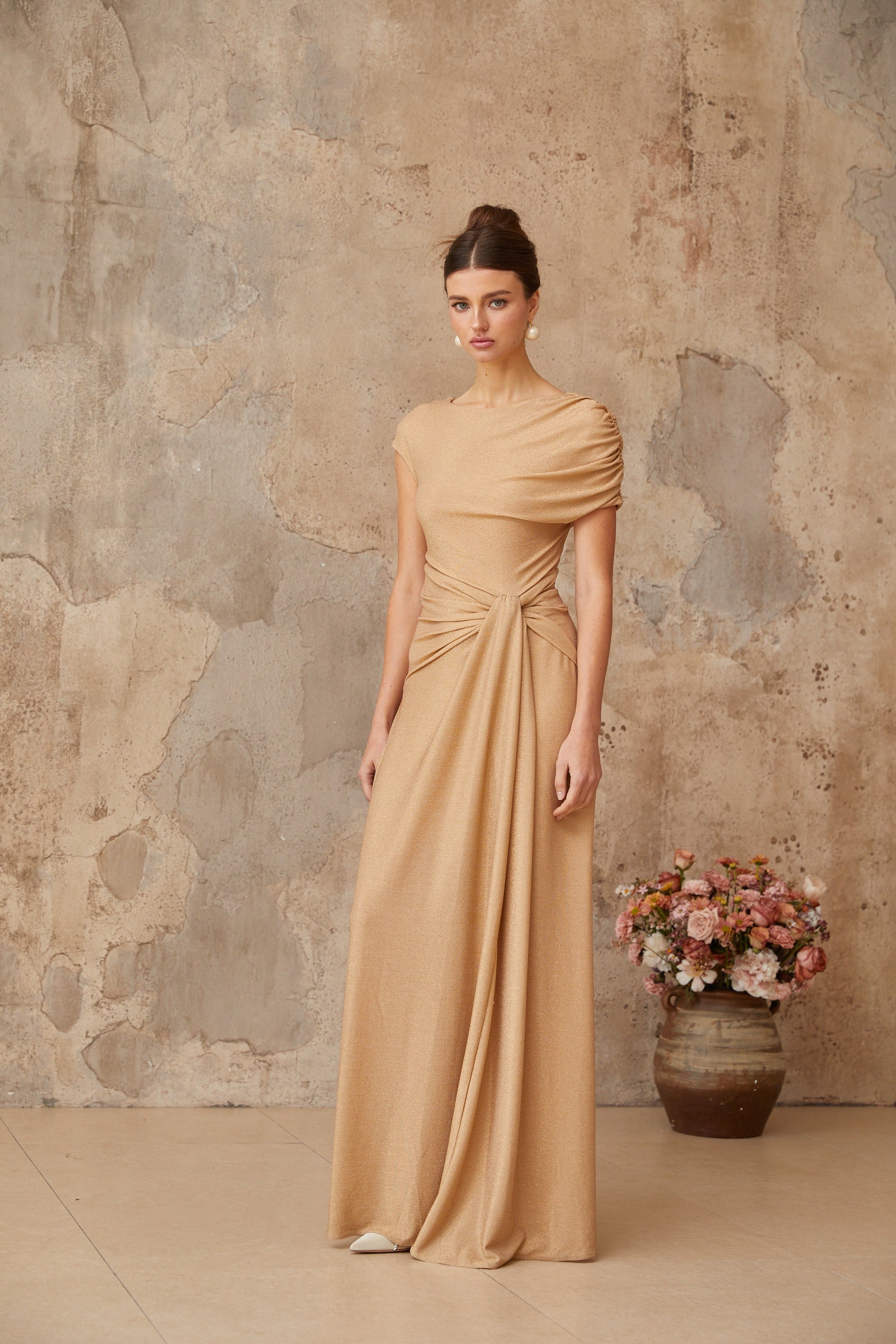Rosalie gold asymmetrical pleated maxi dress