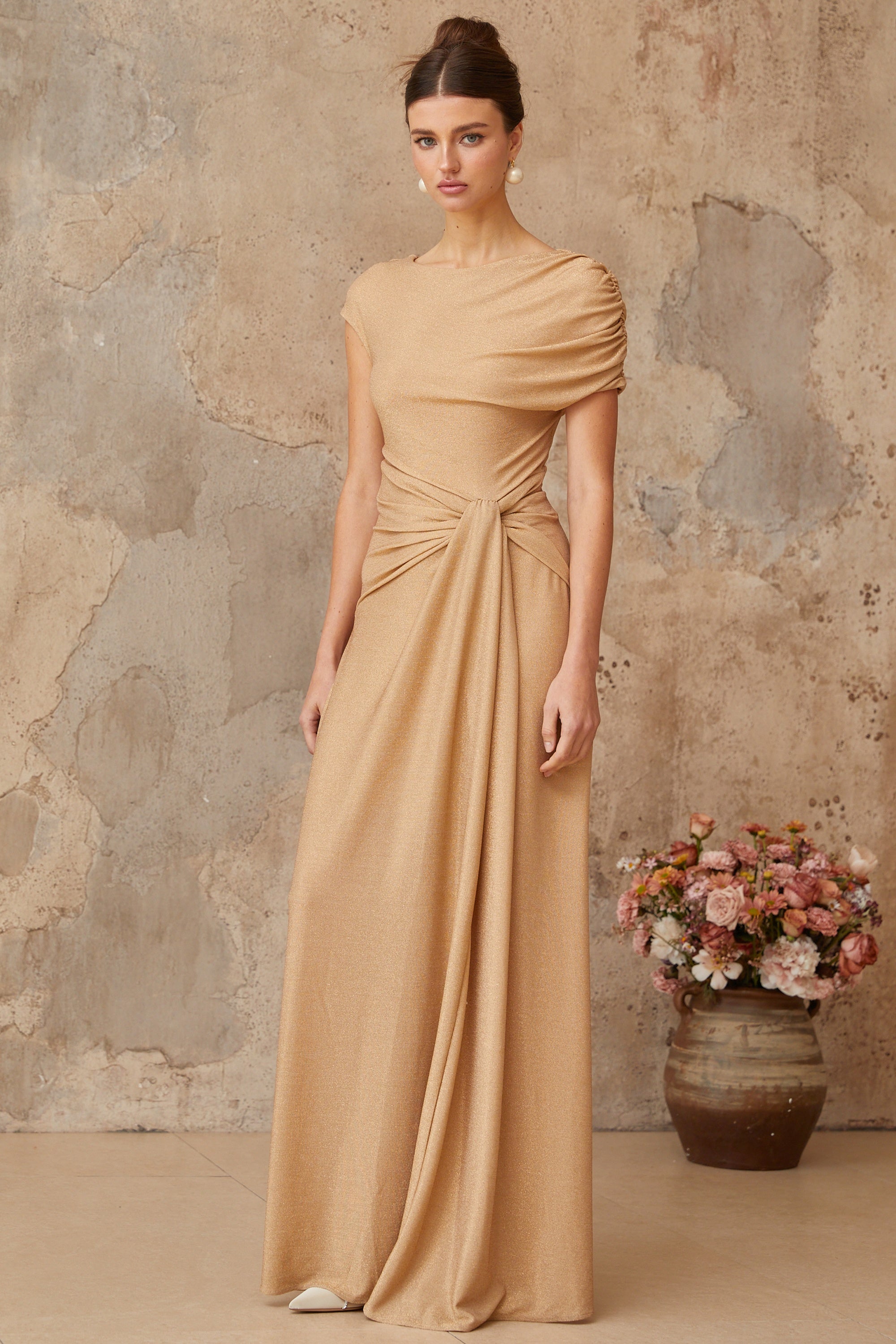 Rosalie gold asymmetrical pleated maxi dress (Final Sale)