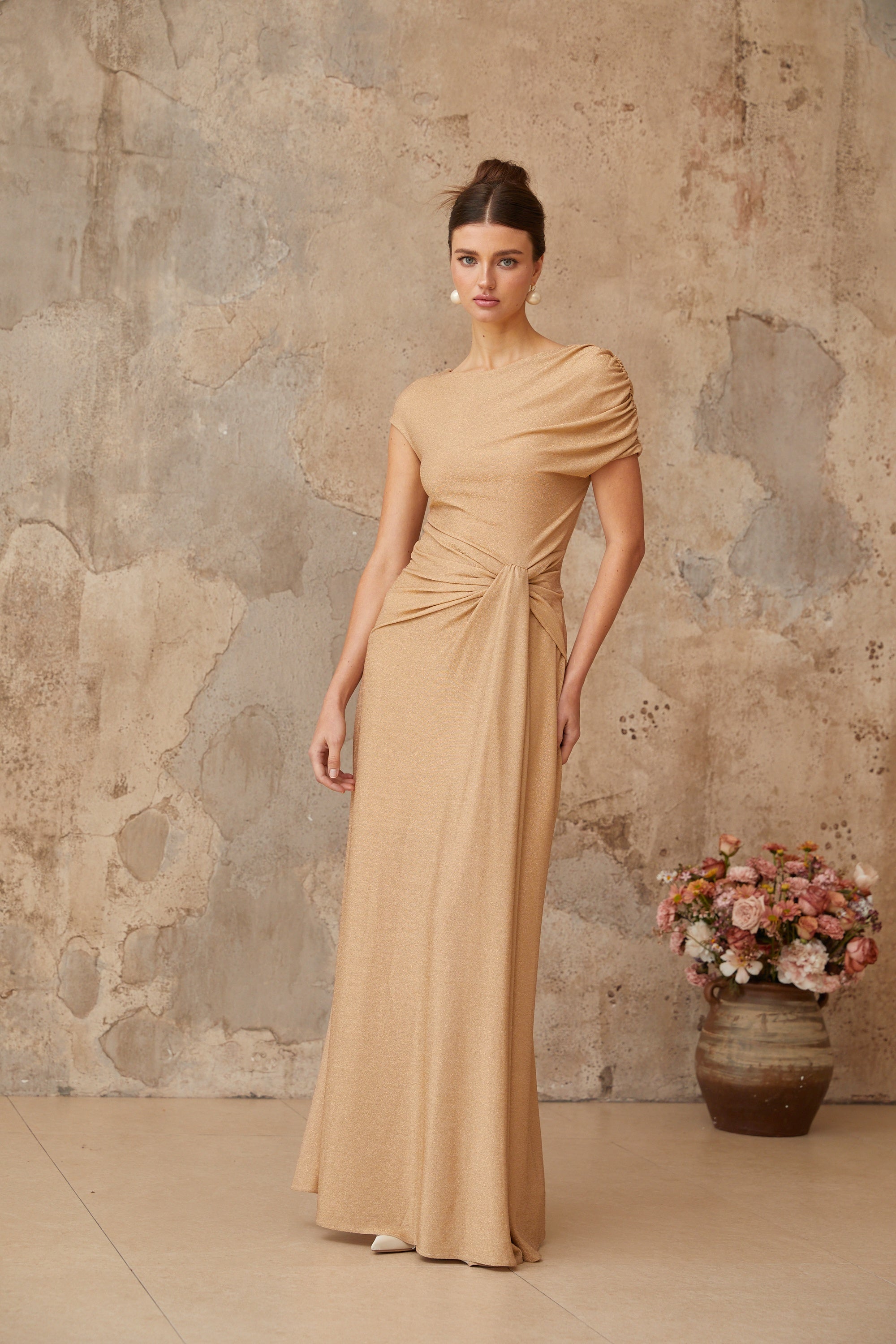 Rosalie gold asymmetrical pleated maxi dress
