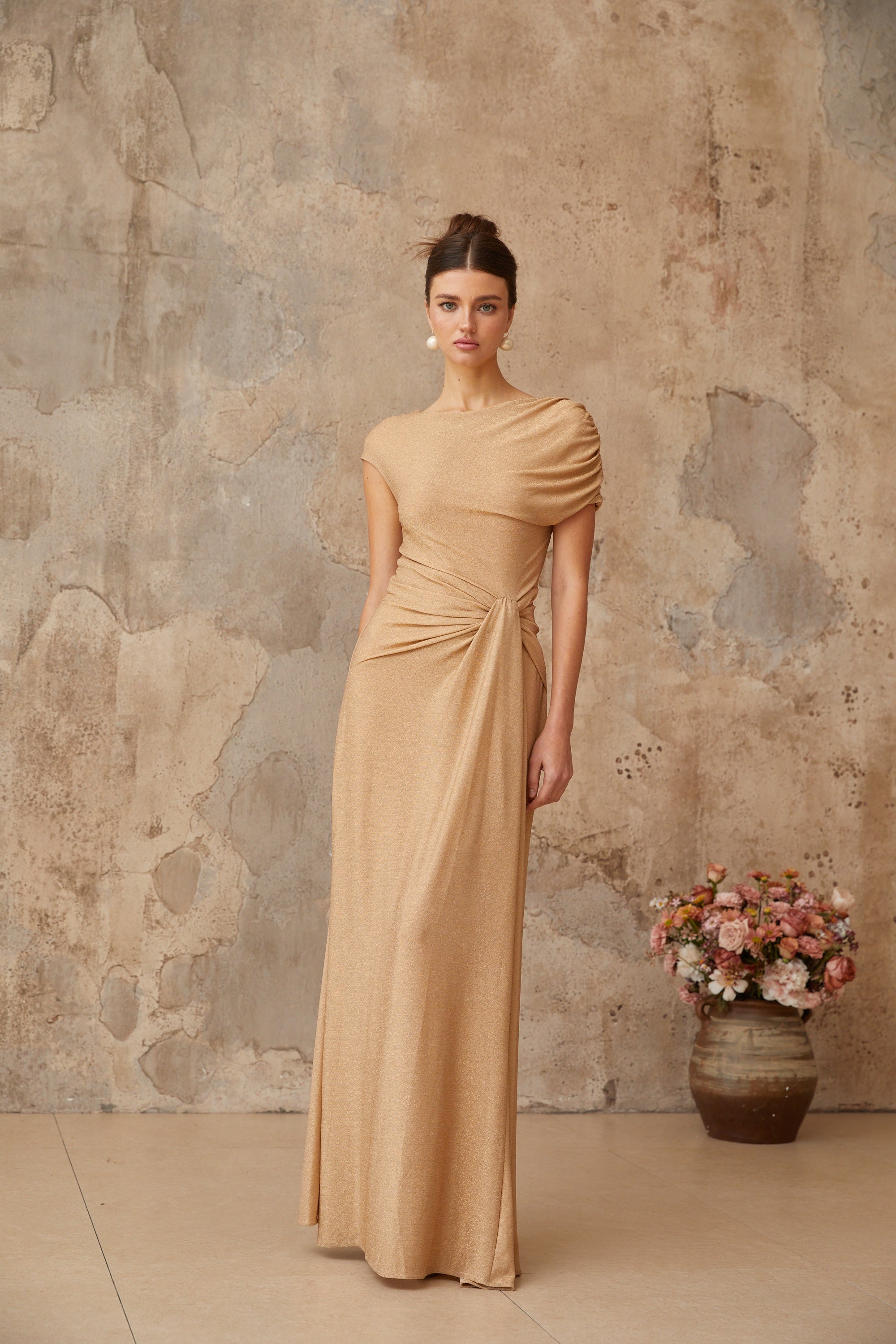 Rosalie gold asymmetrical pleated maxi dress