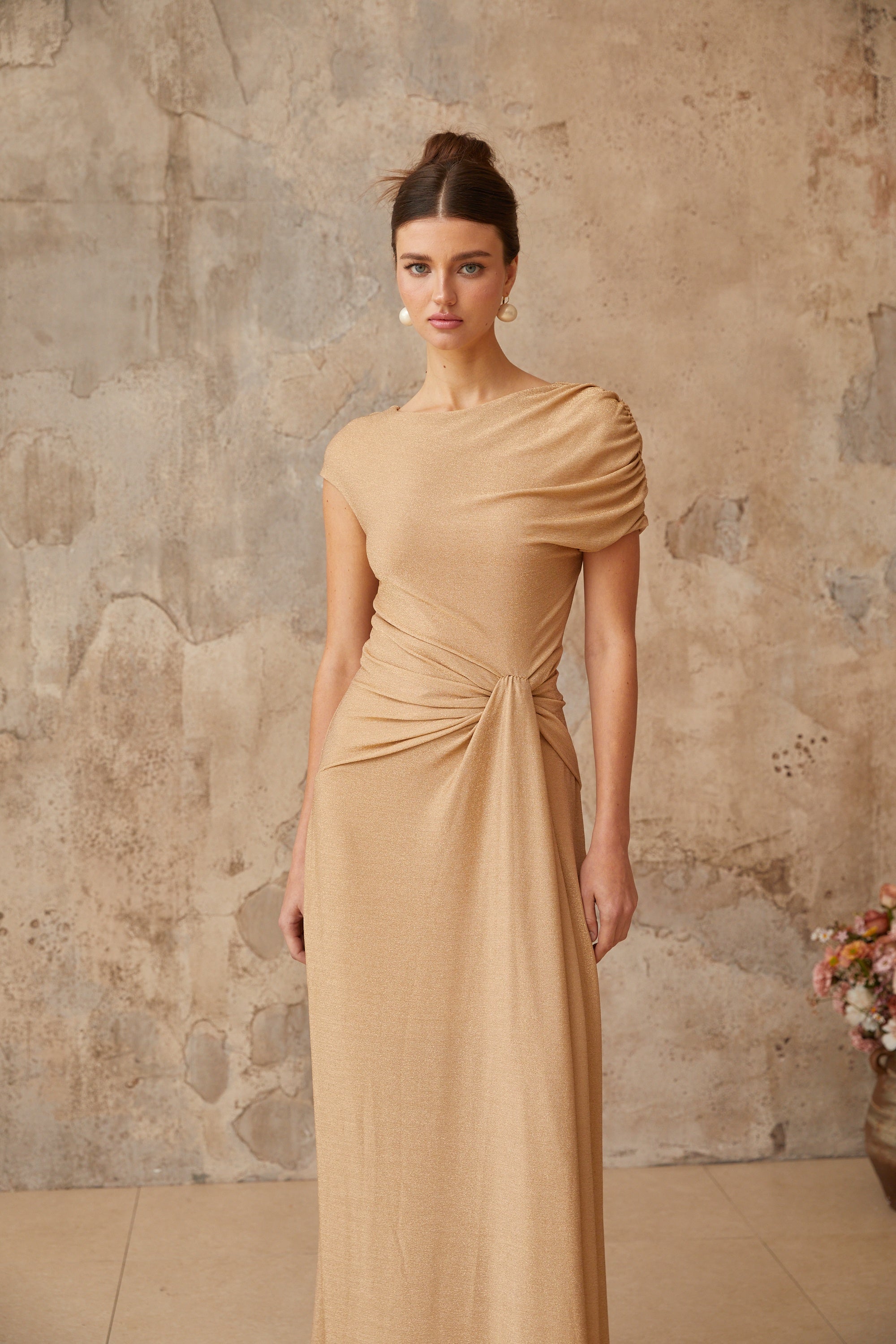 Rosalie gold asymmetrical pleated maxi dress (Final Sale-US Only)
