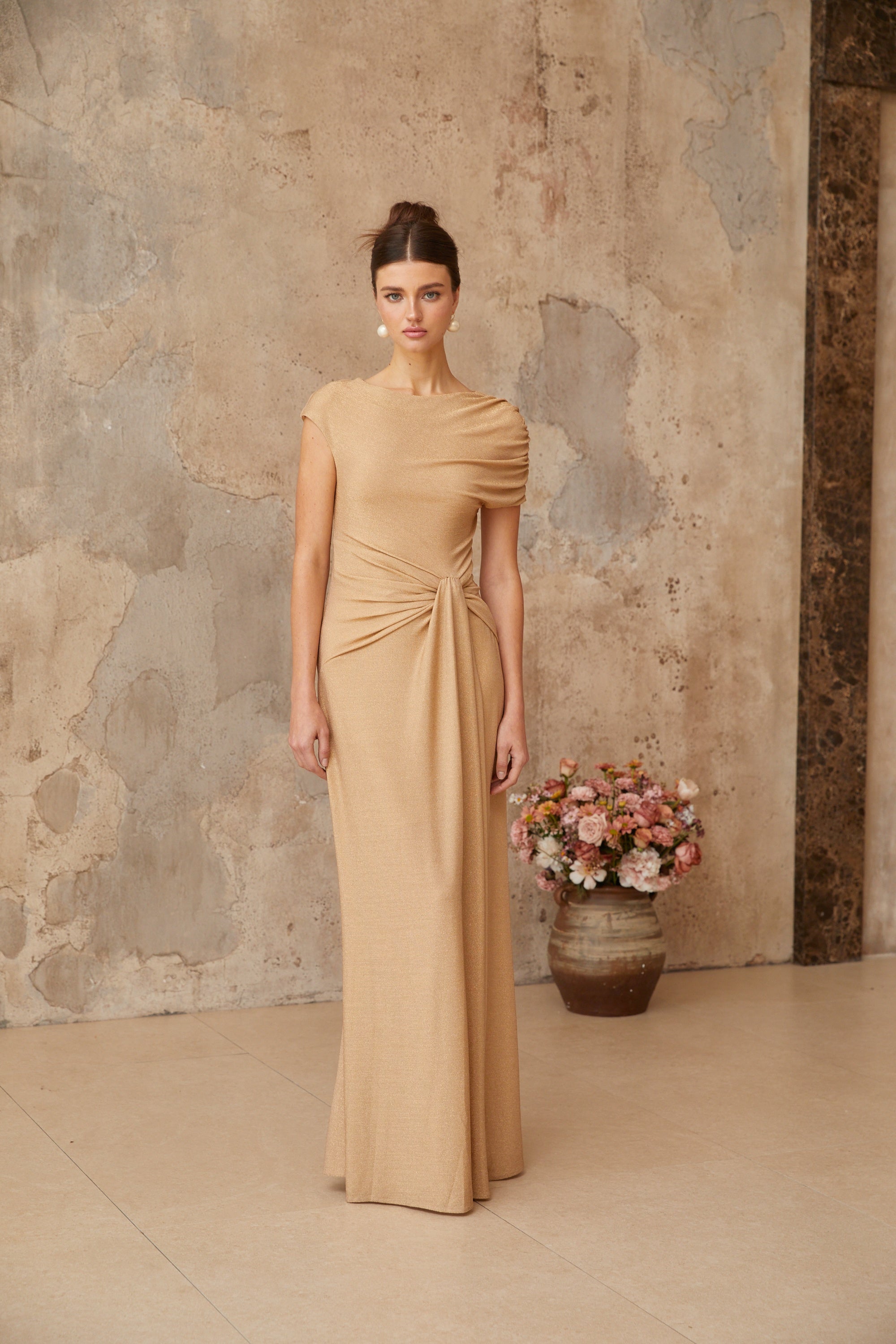 Rosalie gold asymmetrical pleated maxi dress