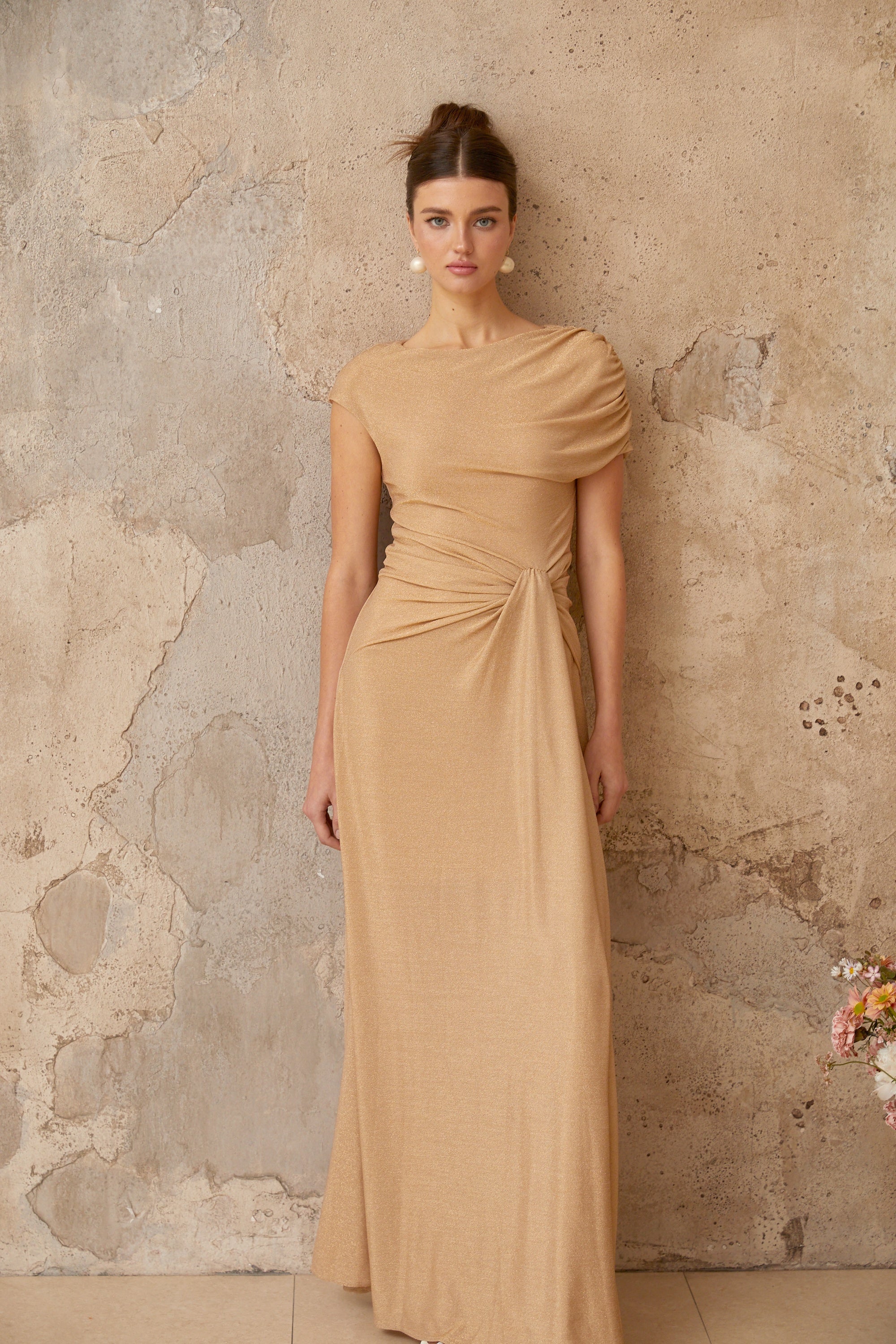 Rosalie gold asymmetrical pleated maxi dress