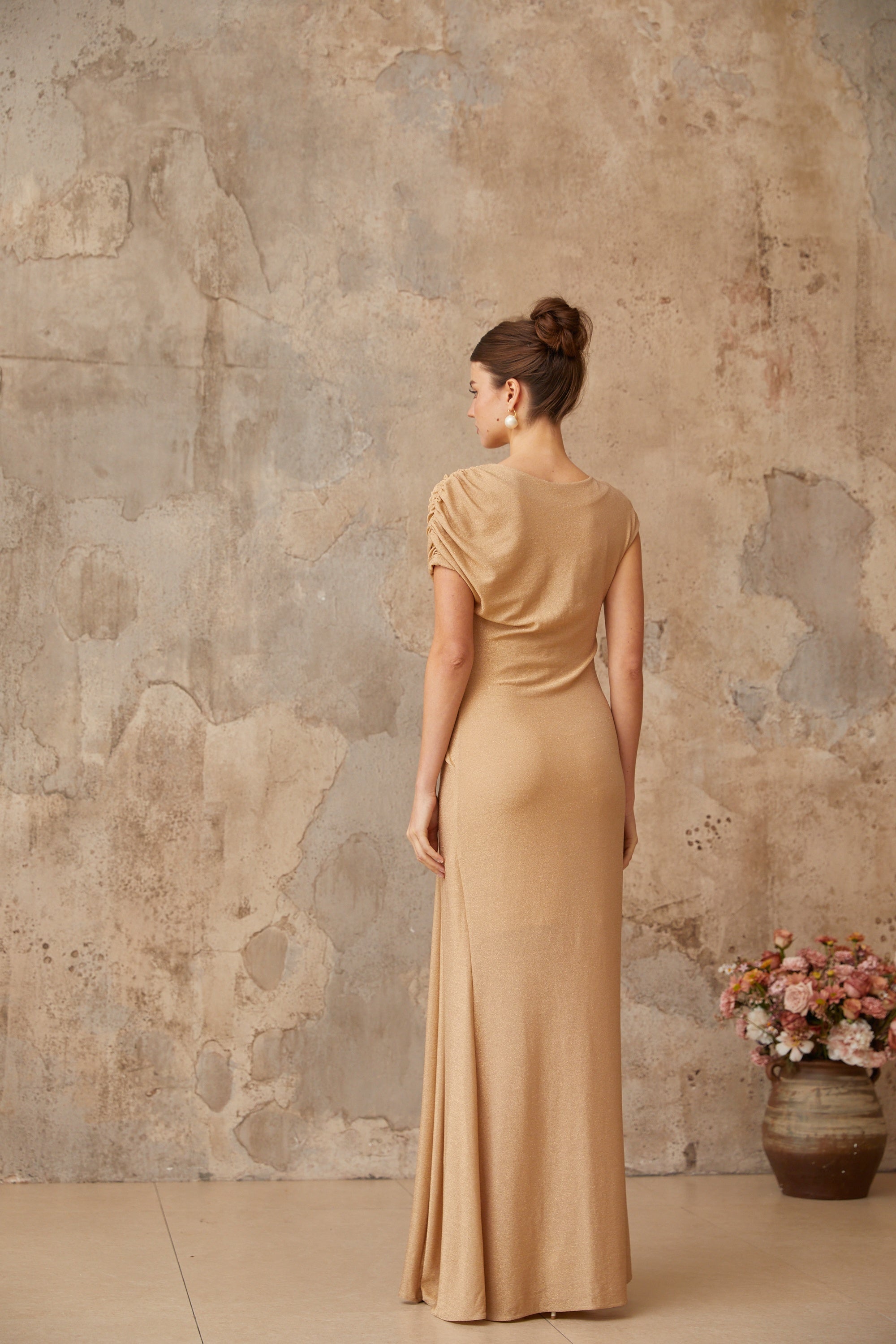 Rosalie gold asymmetrical pleated maxi dress