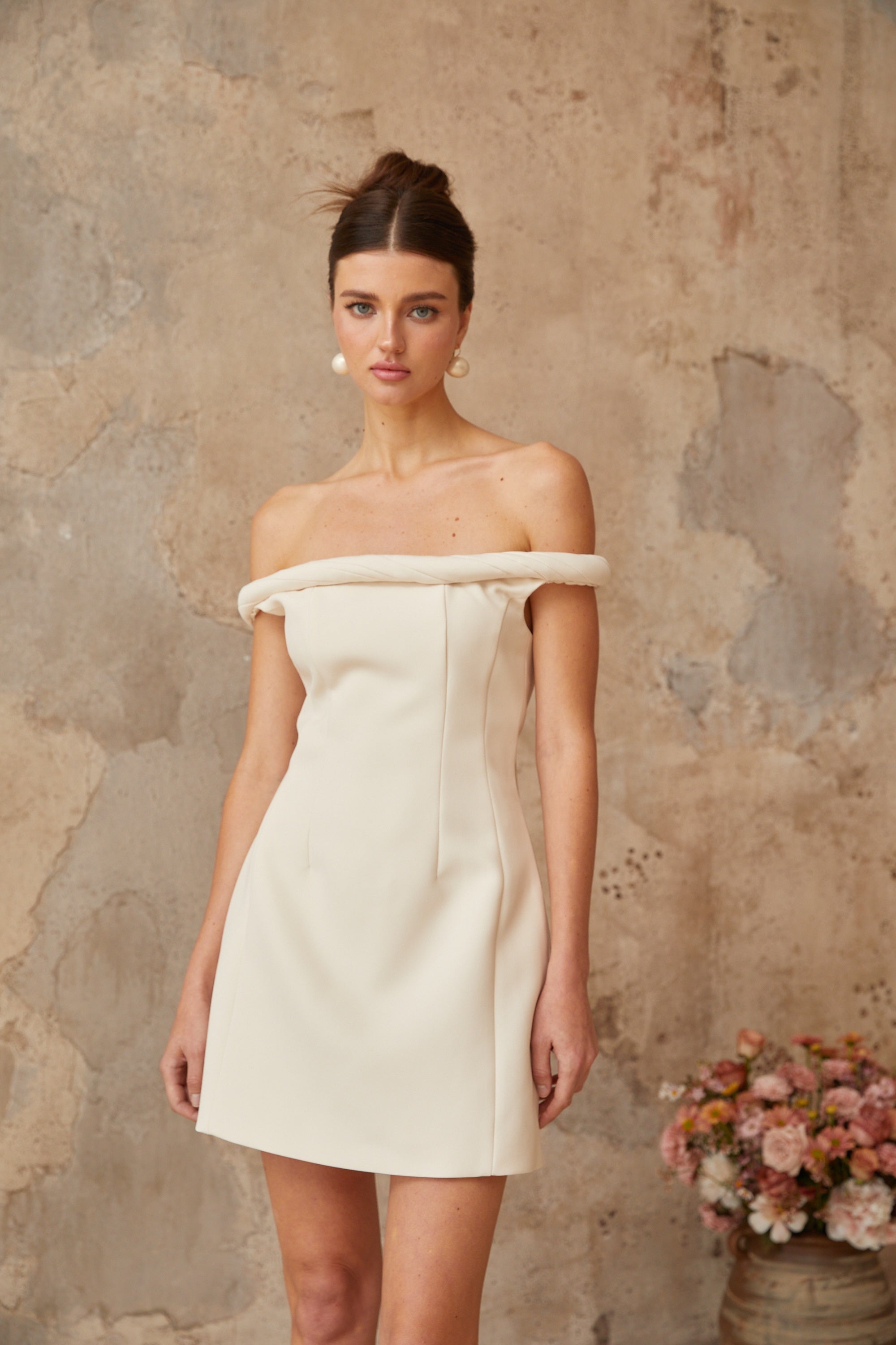 Lecollet white braid-detail puff mini dress