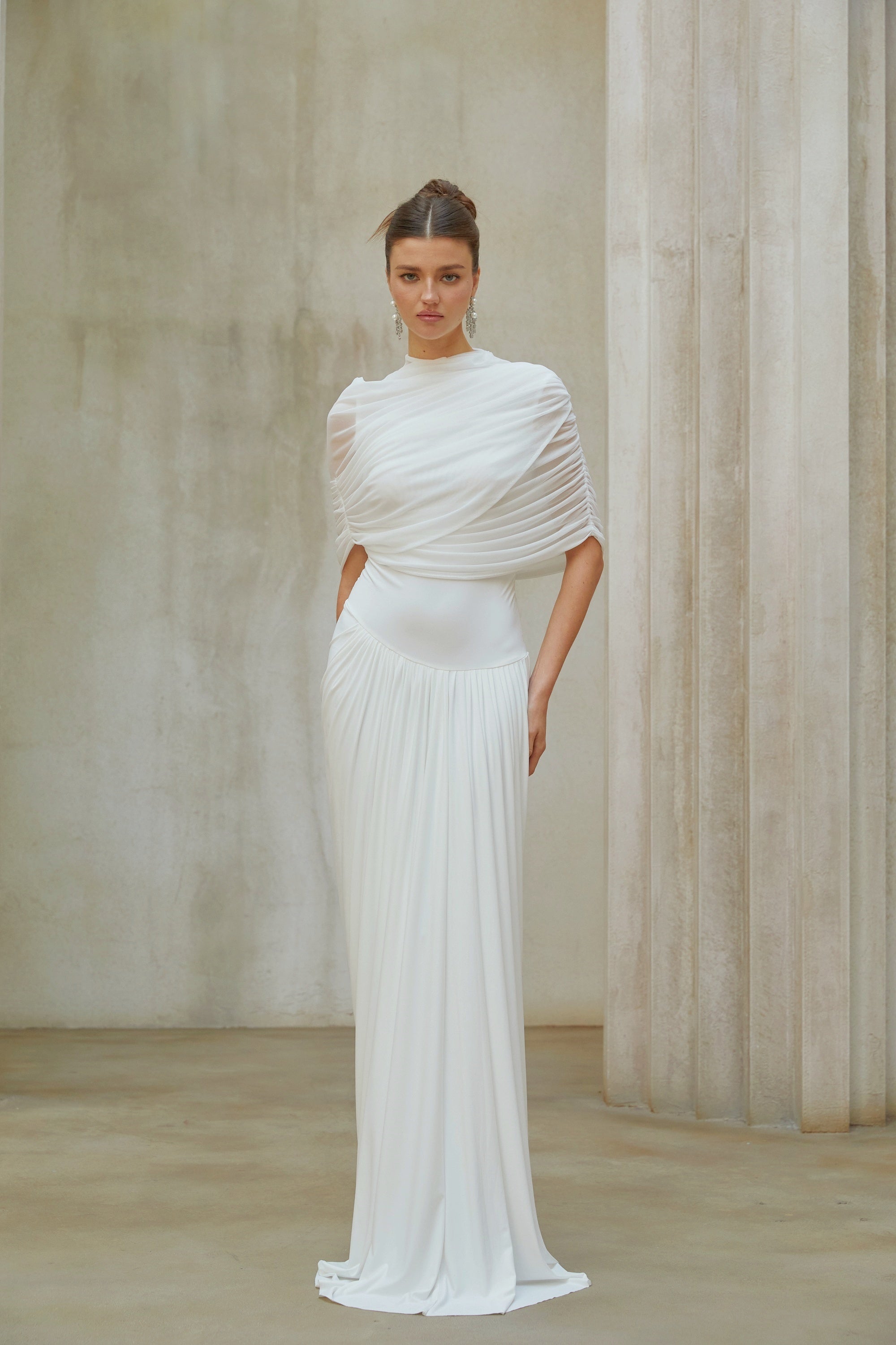 Catherine White Asymmetrical Pleated Maxi Dress