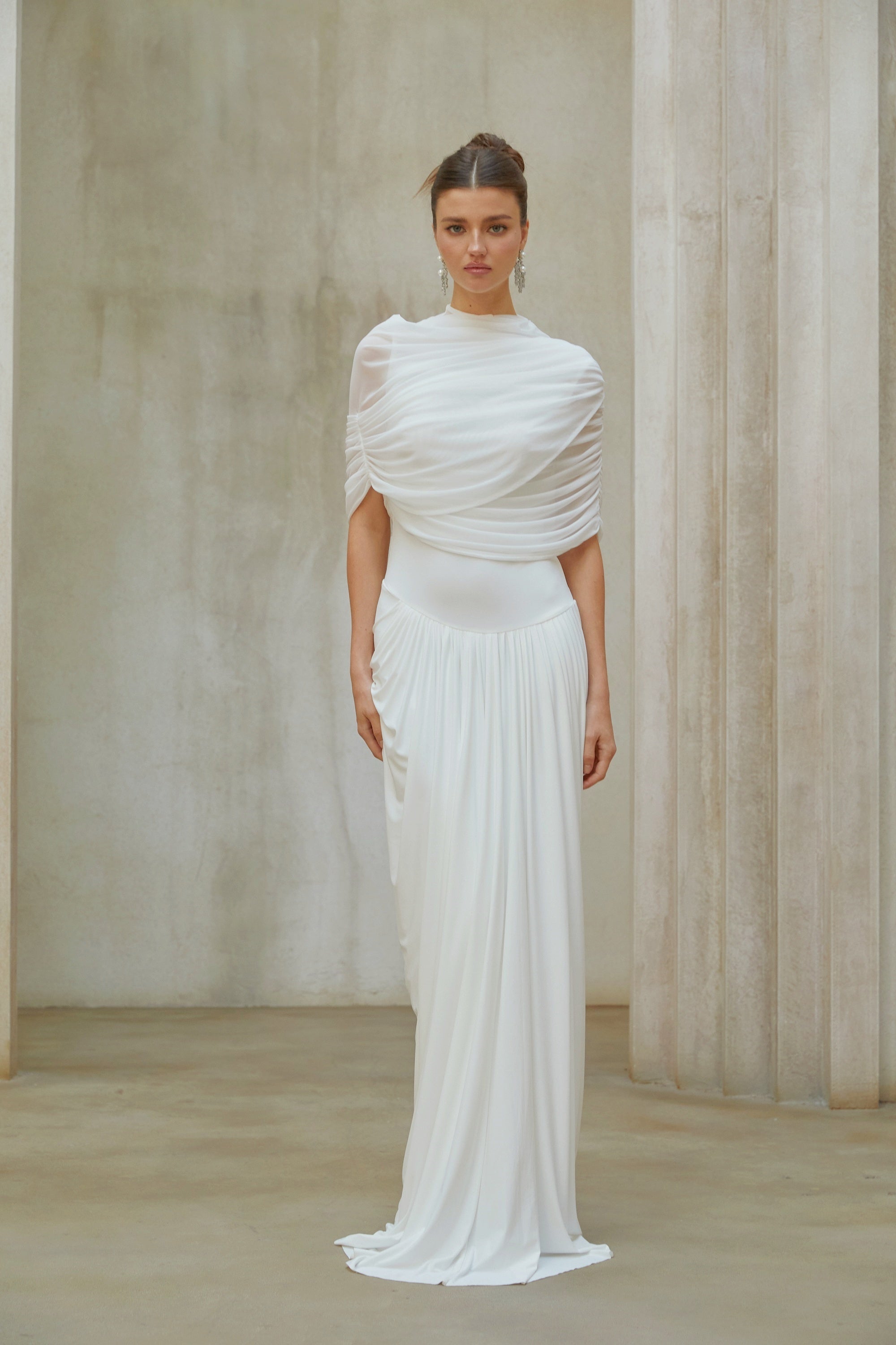 Catherine White Asymmetrical Pleated Maxi Dress