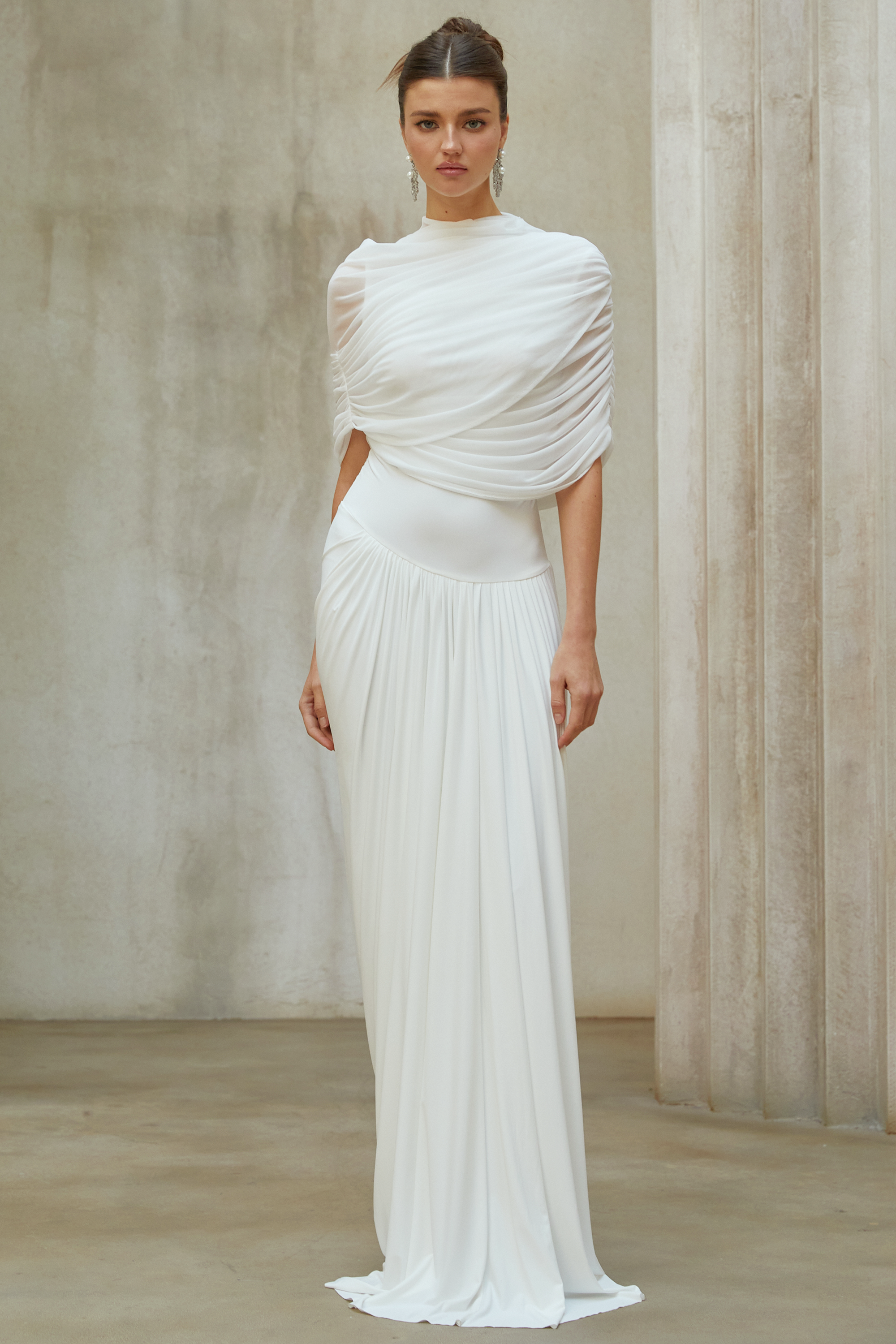 Catherine White Asymmetrical Pleated Maxi Dress