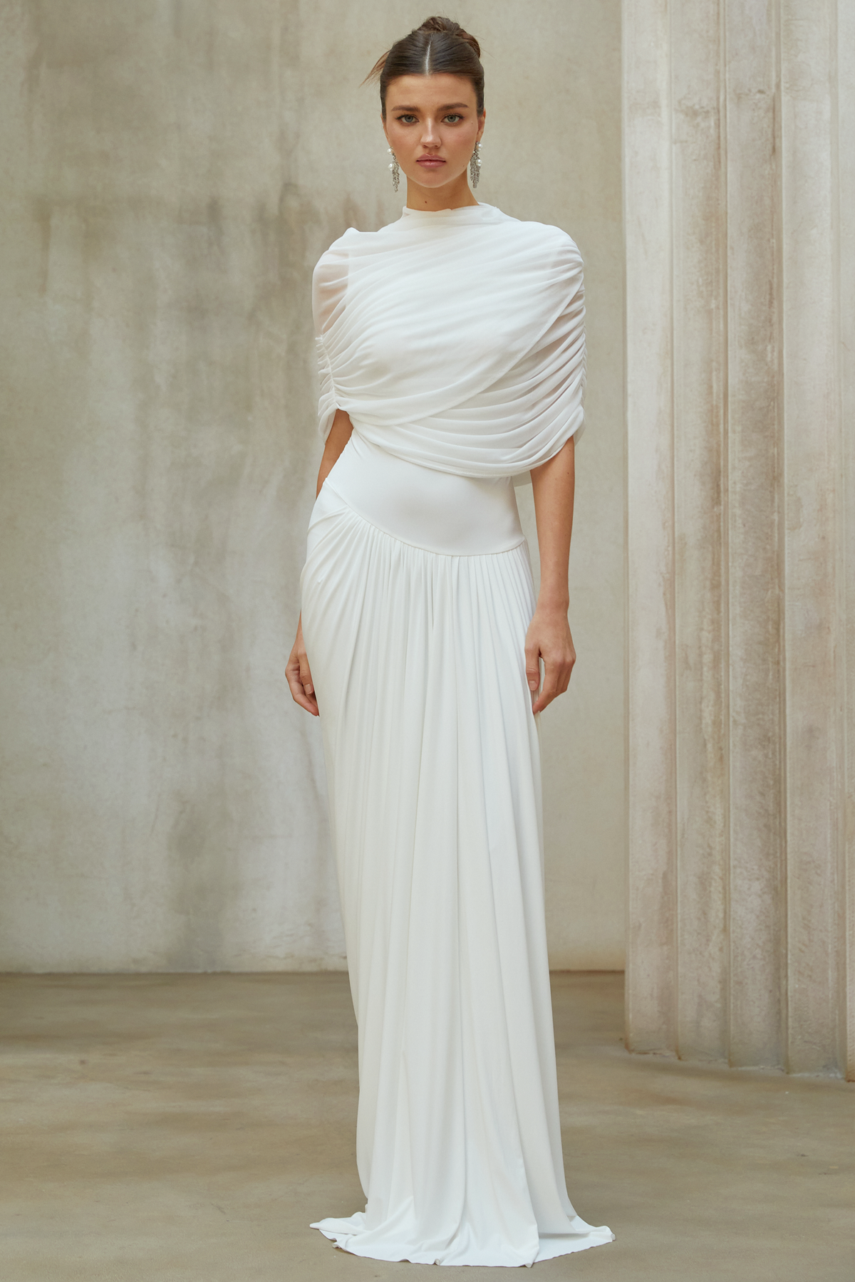 Catherine White Asymmetrical Pleated Maxi Dress