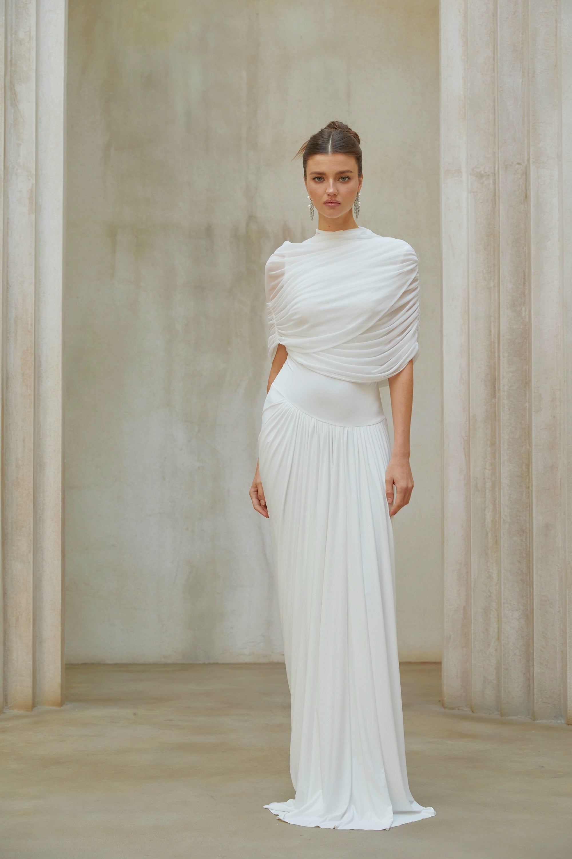 Catherine White Asymmetrical Pleated Maxi Dress
