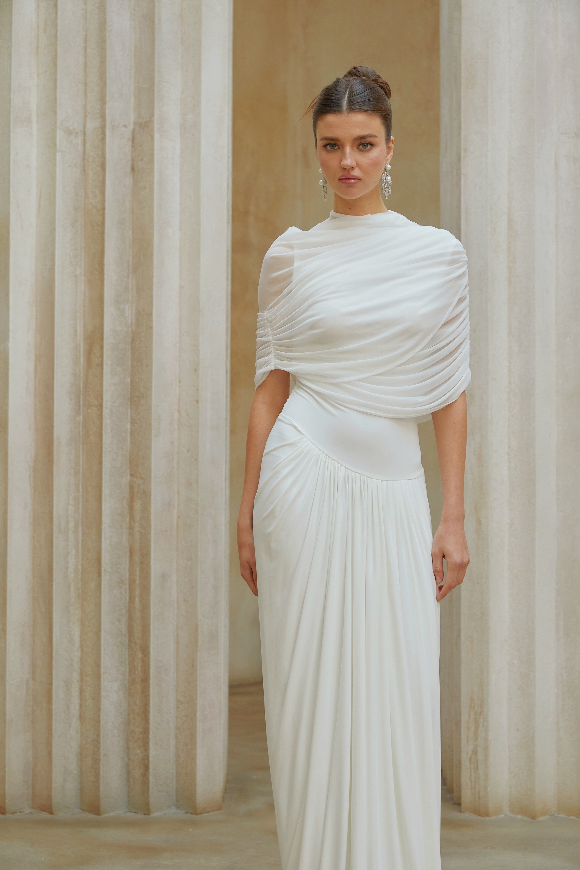 Catherine White Asymmetrical Pleated Maxi Dress