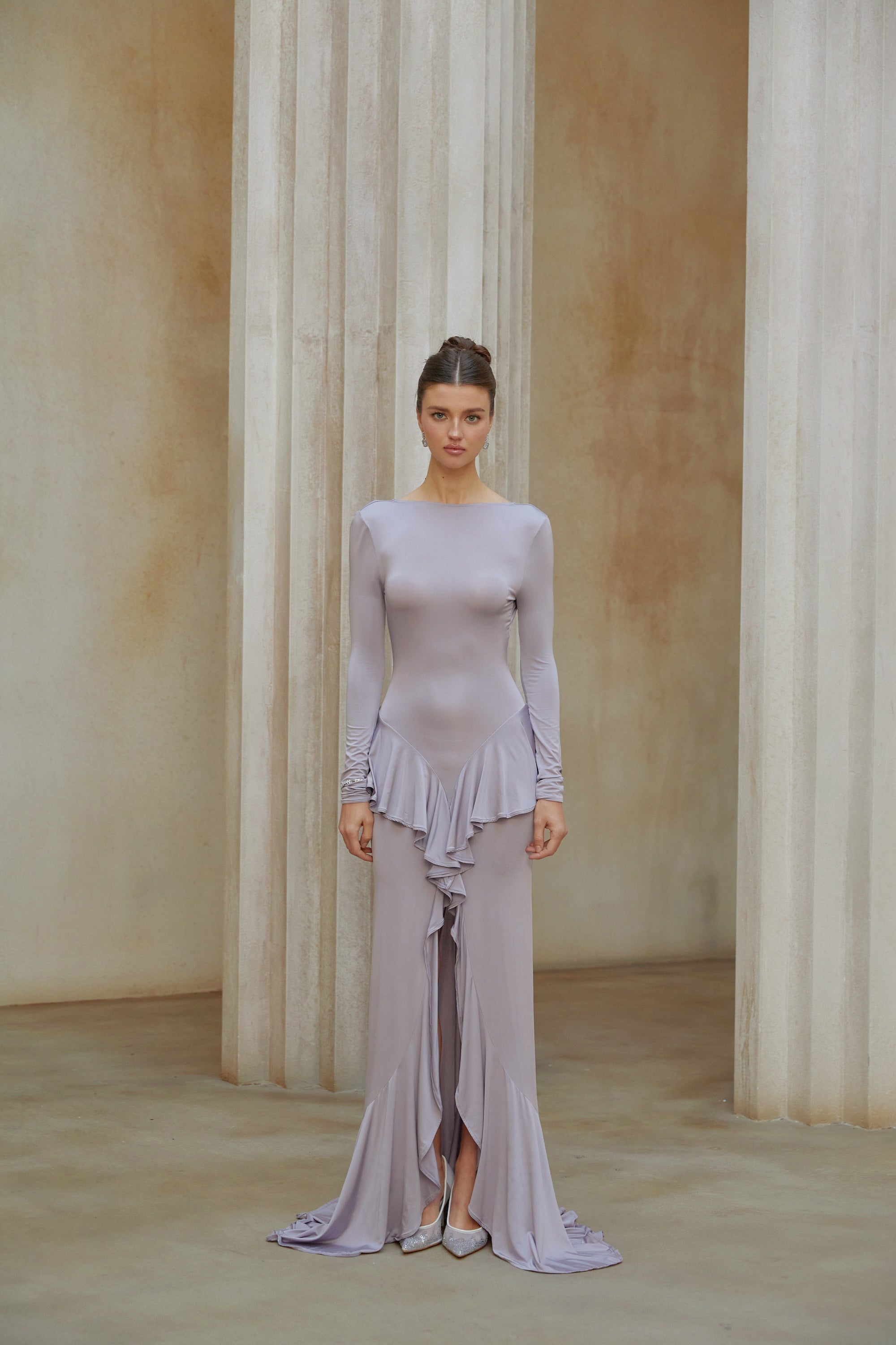 Xenia Purple Ruffle Detail Maxi Dress with Front Slit