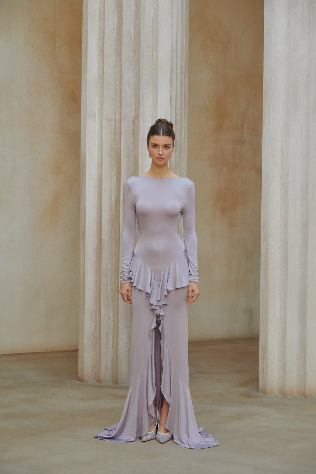 Xenia Purple Ruffle Detail Maxi Dress with Front Slit