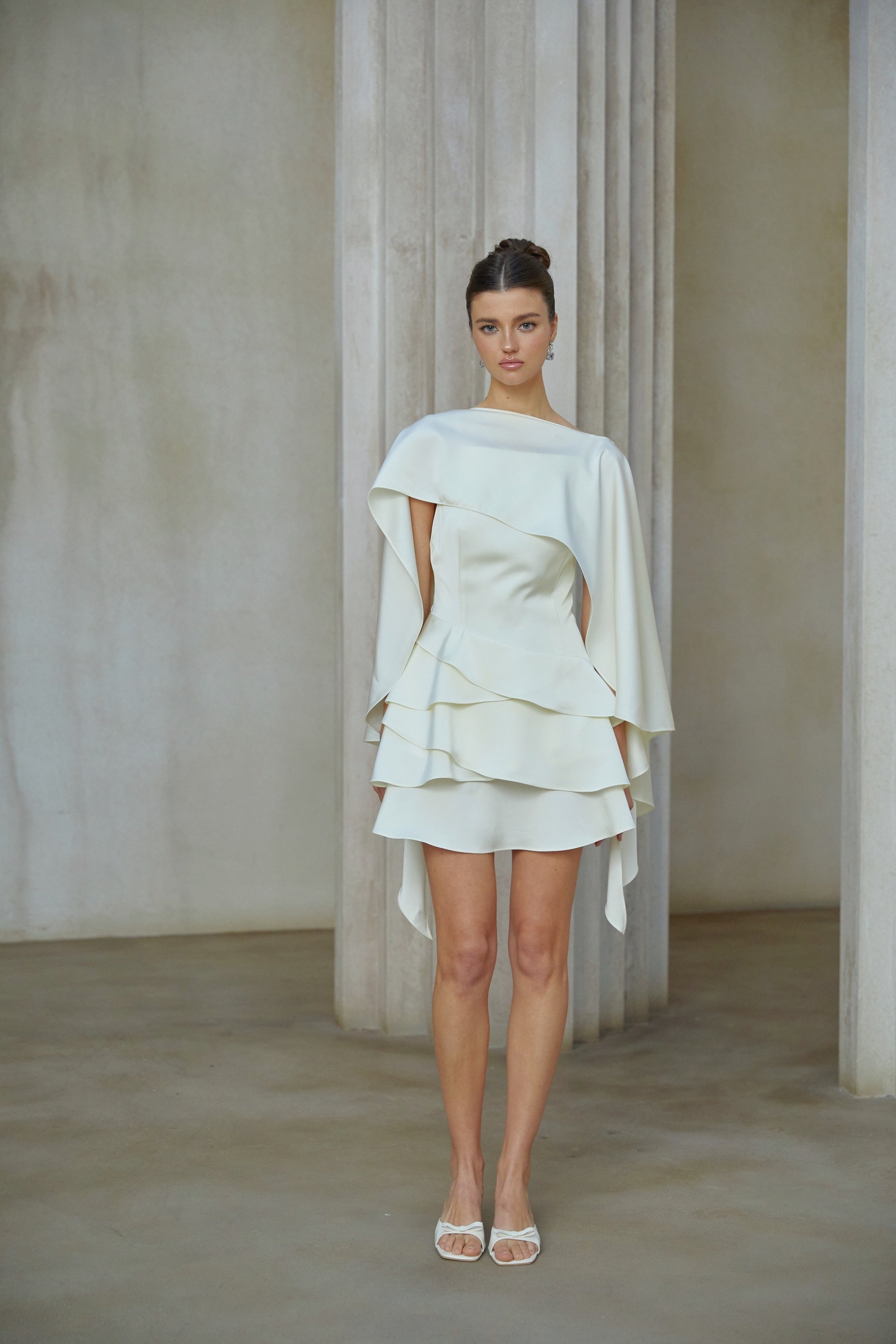 Lyna White Satin Ruffled Mini Dress with Shawl Panel Detail