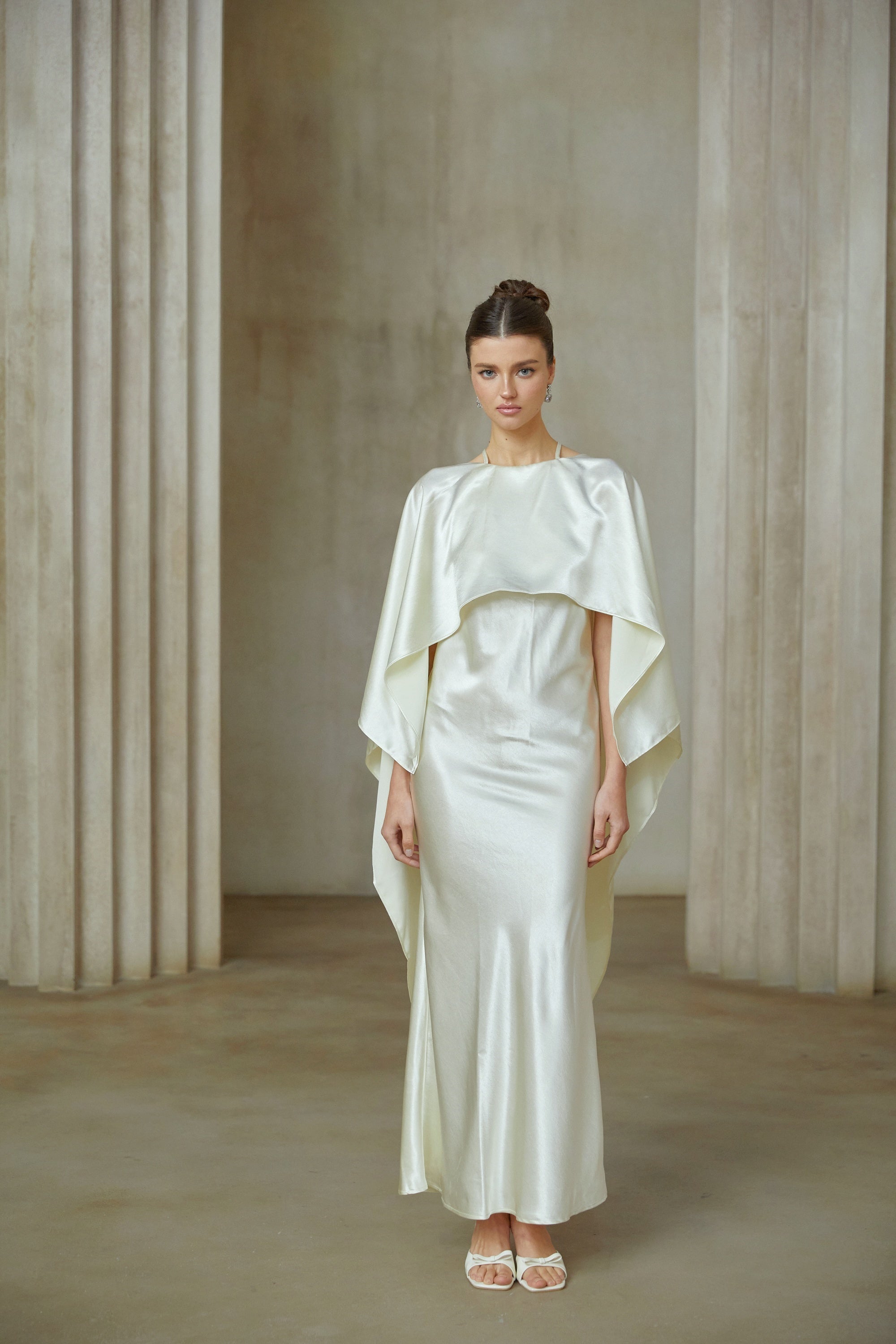 Rosalie white shawl-panel satin maxi dress