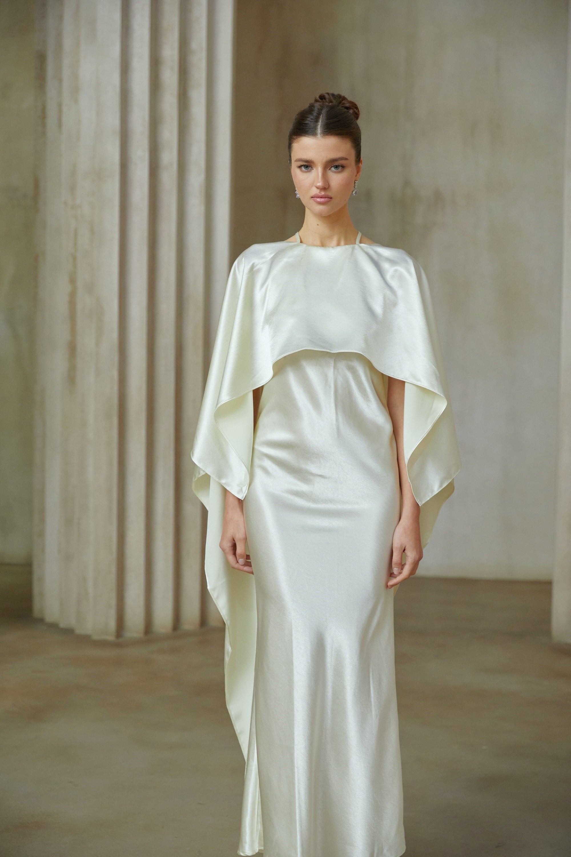 Rosalie white shawl-panel satin maxi dress