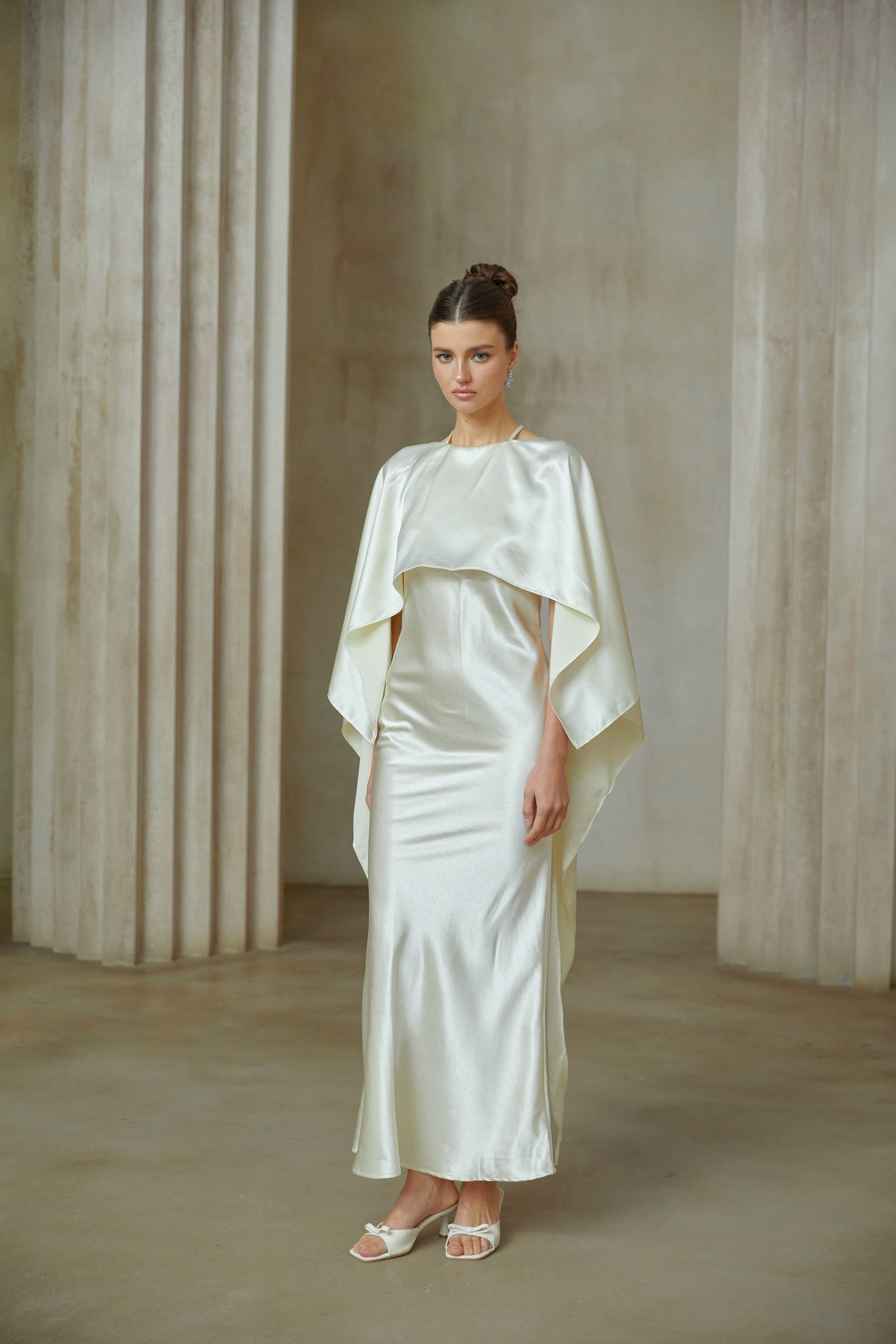 Rosalie white shawl-panel satin maxi dress