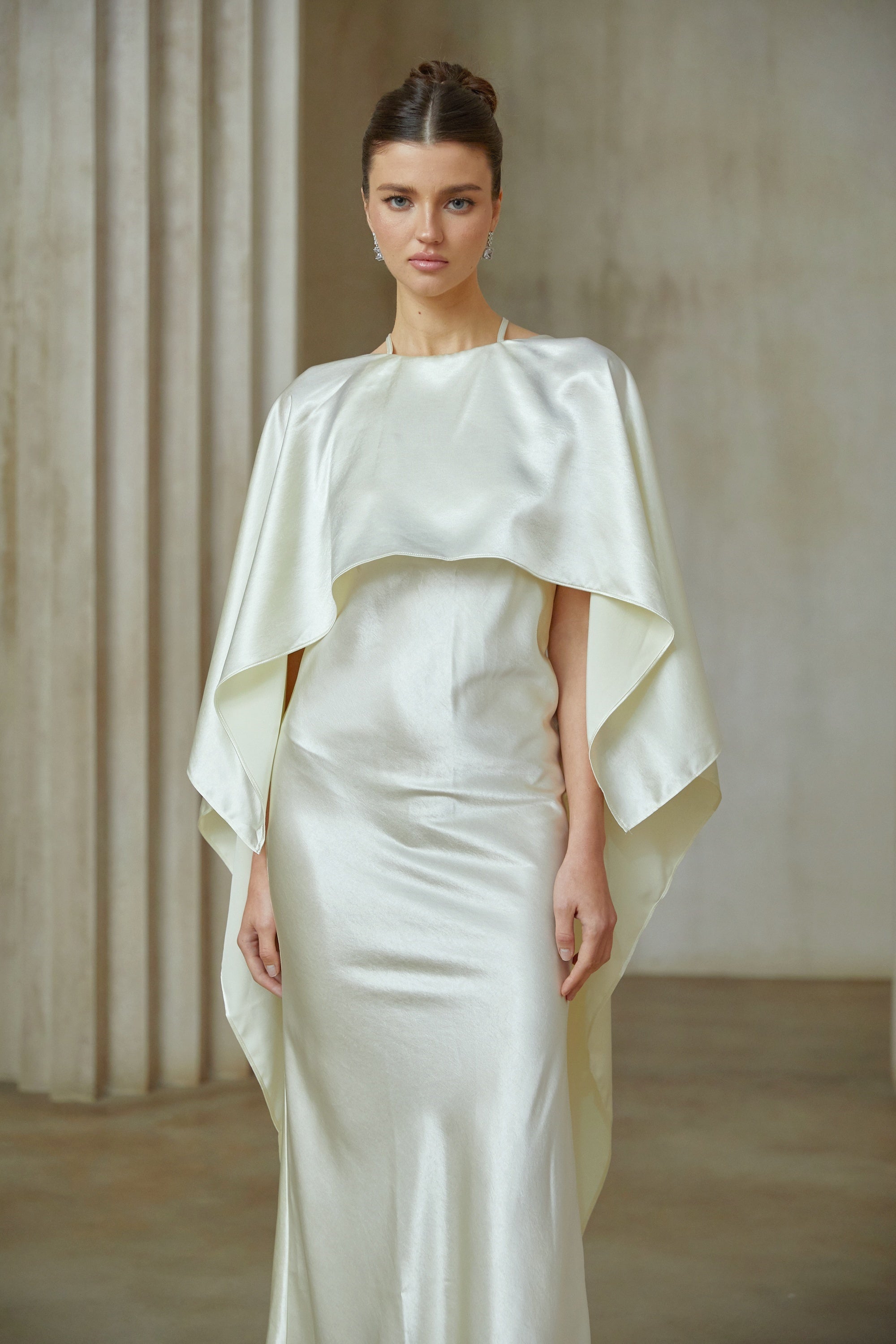 Rosalie white shawl-panel satin maxi dress