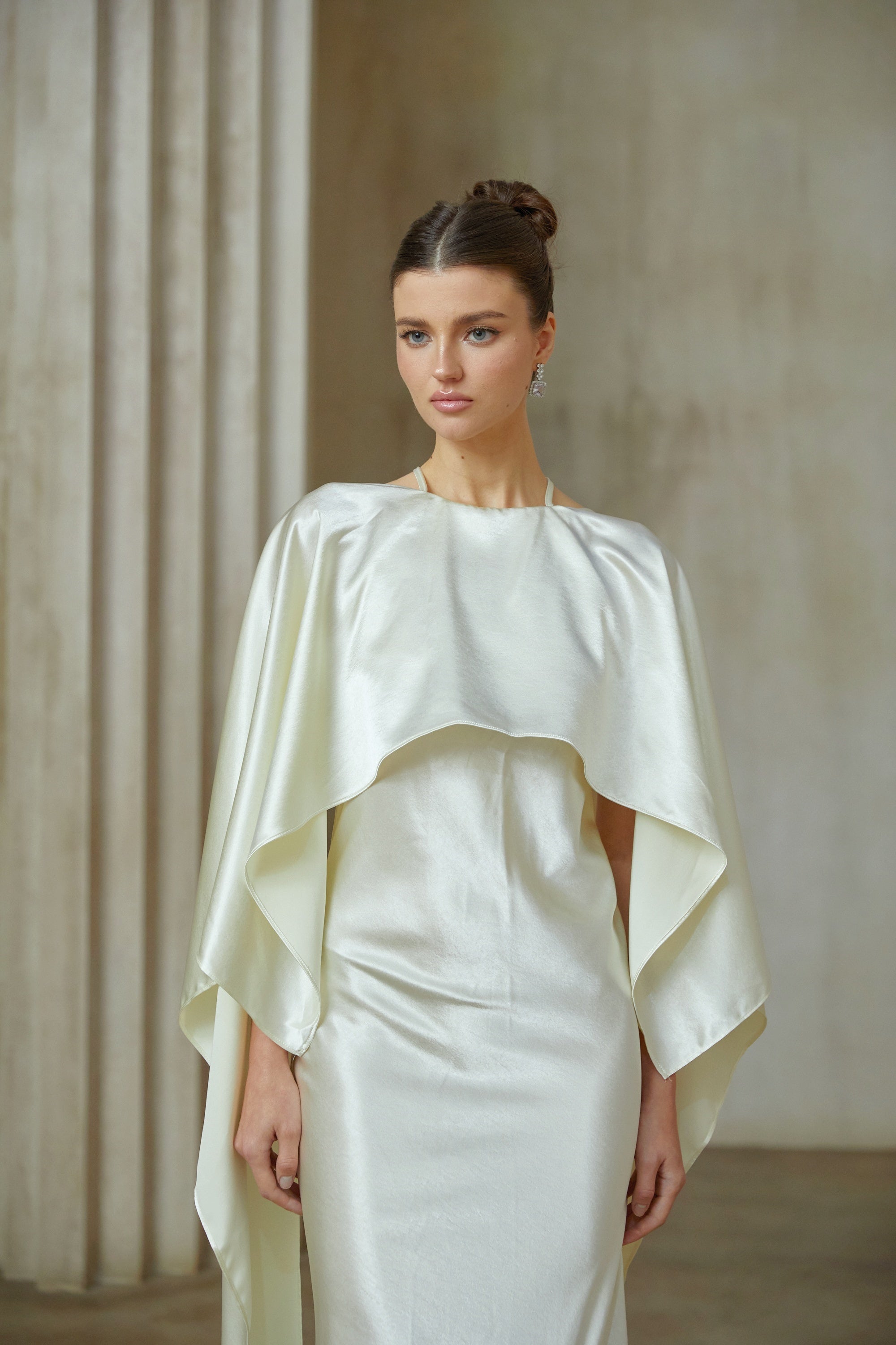 Rosalie white shawl-panel satin maxi dress