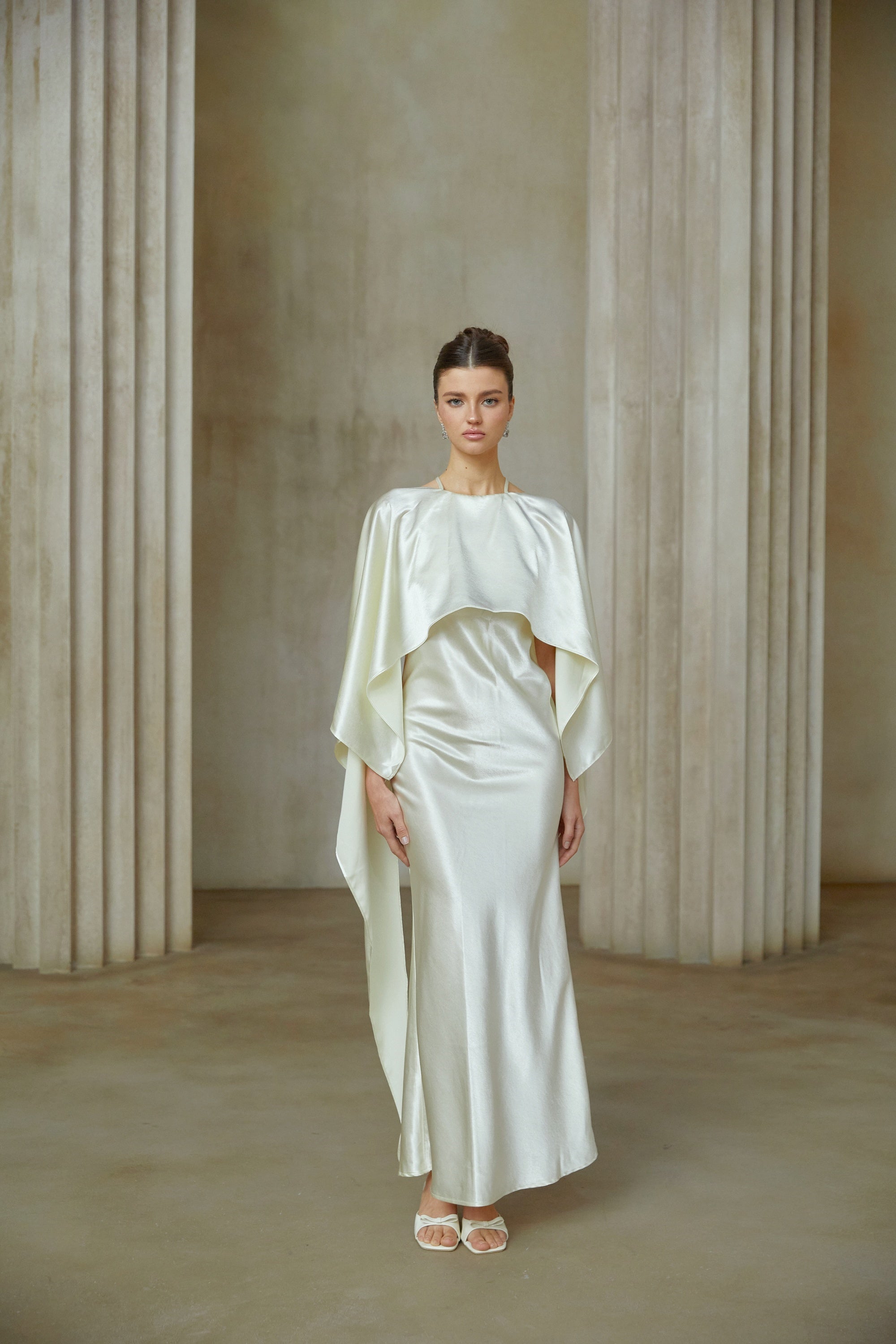 Rosalie white shawl-panel satin maxi dress