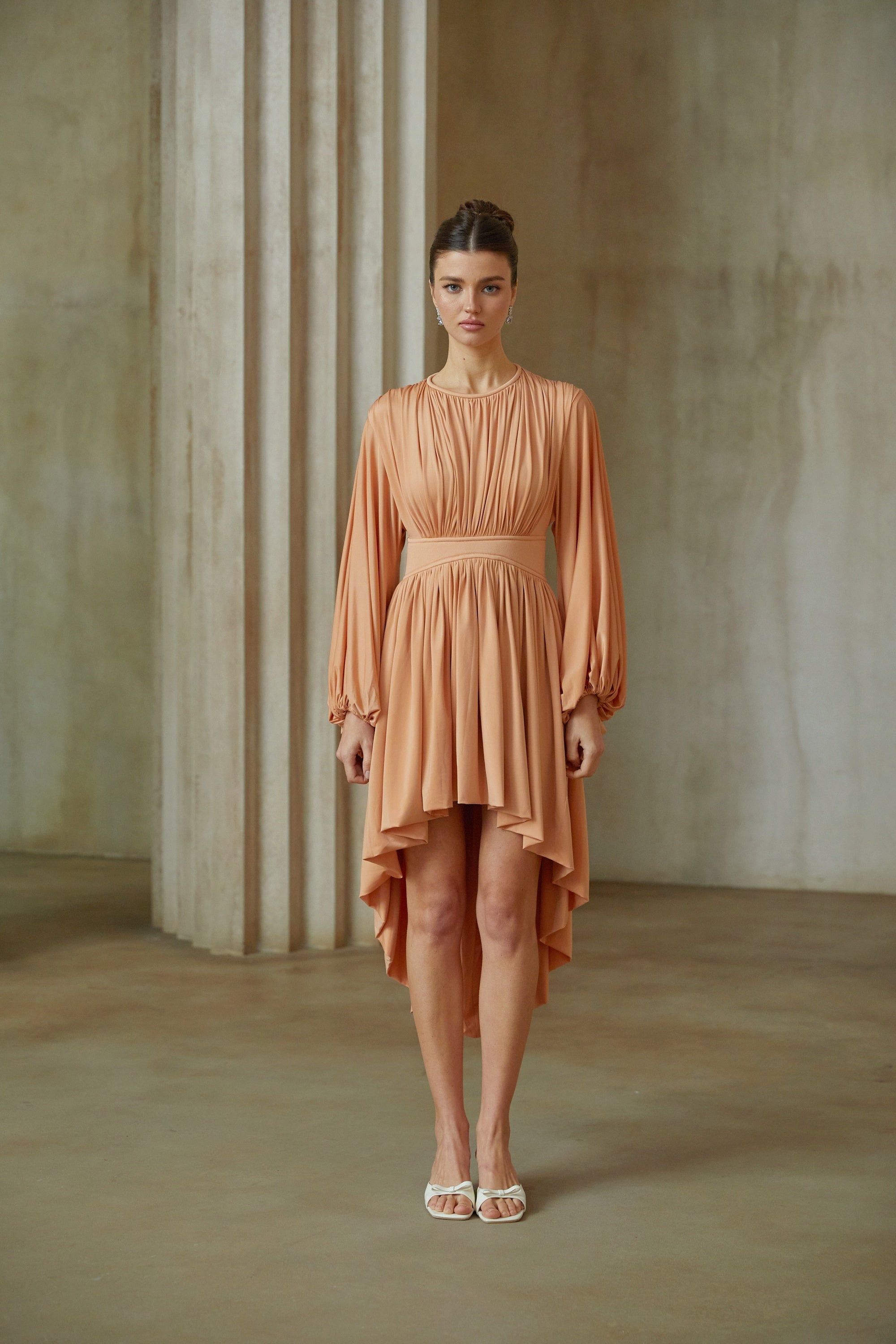Kenza Brown Asymmetrical Pleated Midi Dress