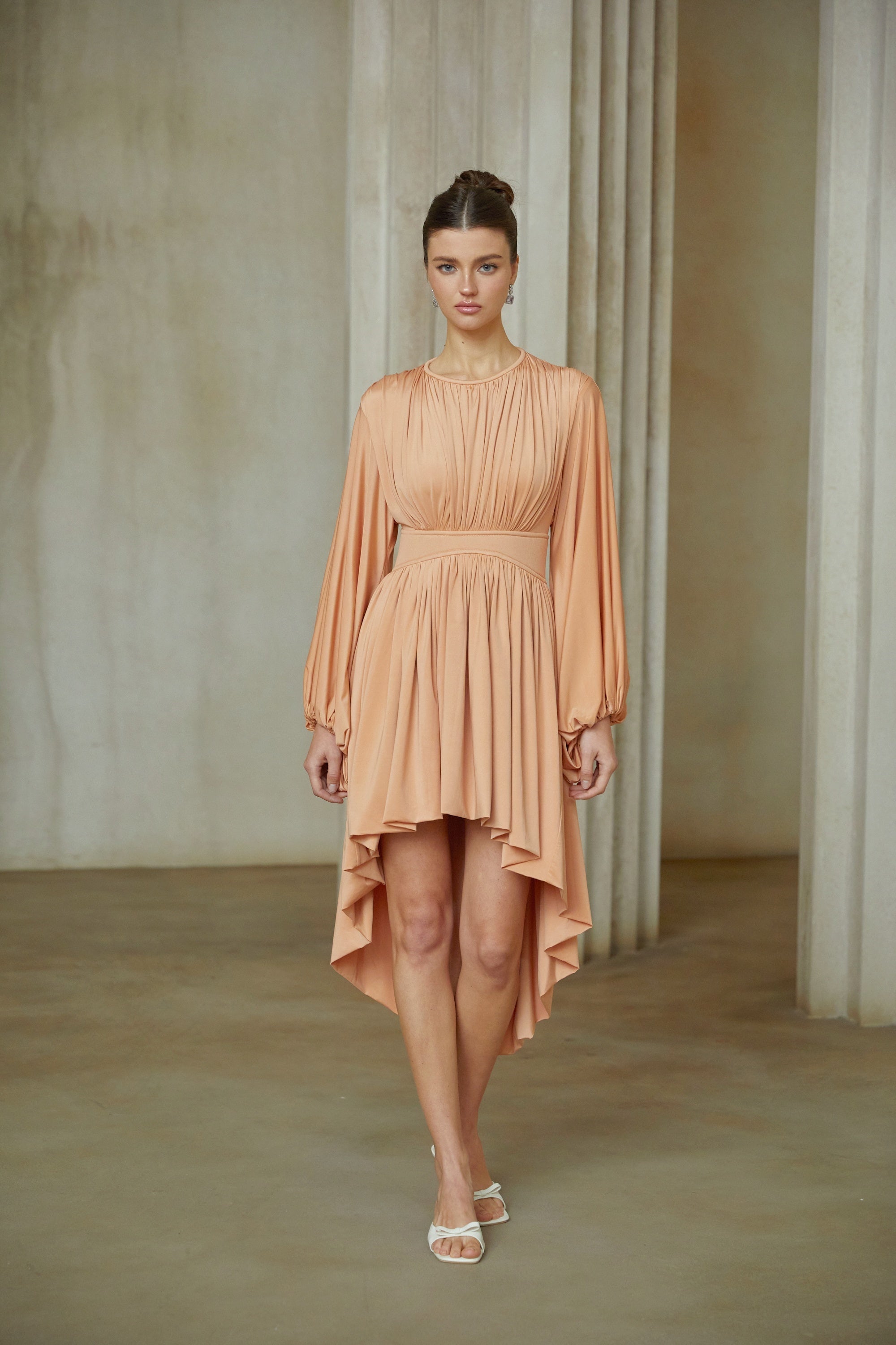 Kenza Brown Asymmetrical Pleated Midi Dress