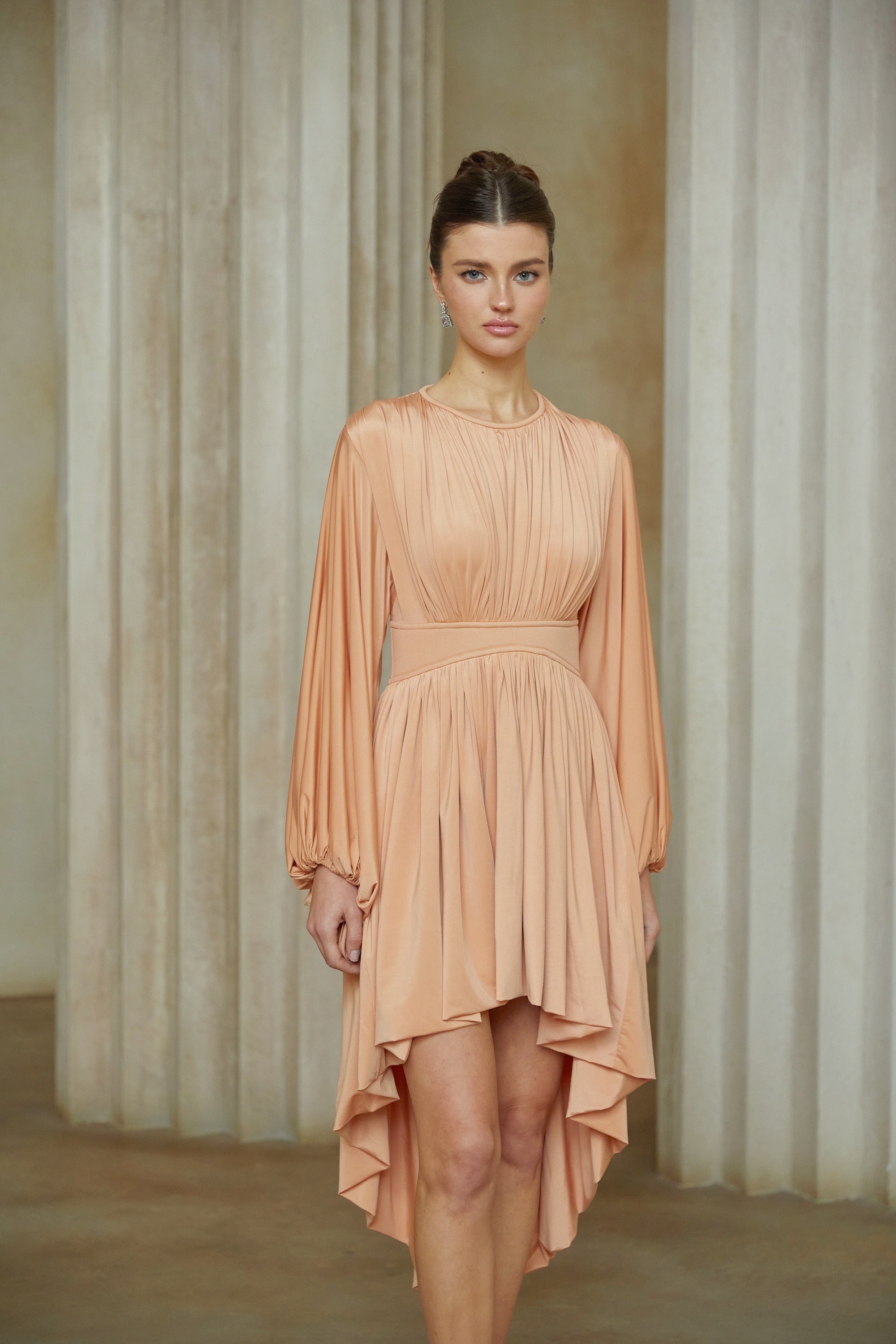 Kenza Brown Asymmetrical Pleated Midi Dress