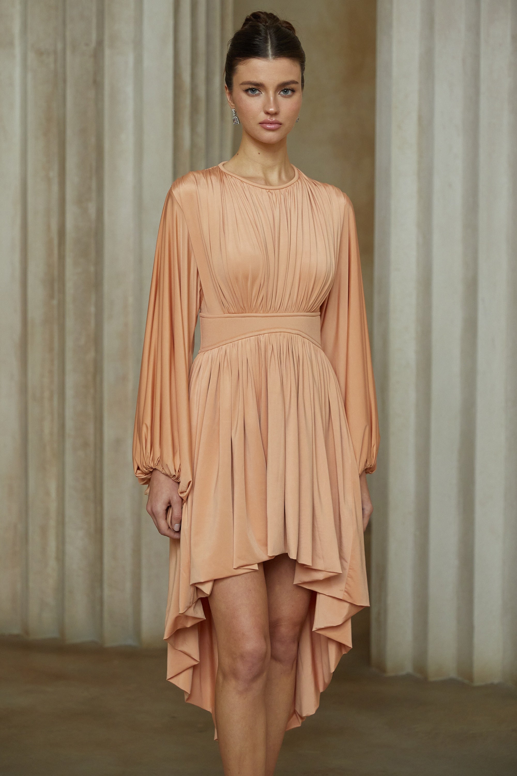 Kenza Brown Asymmetrical Pleated Midi Dress