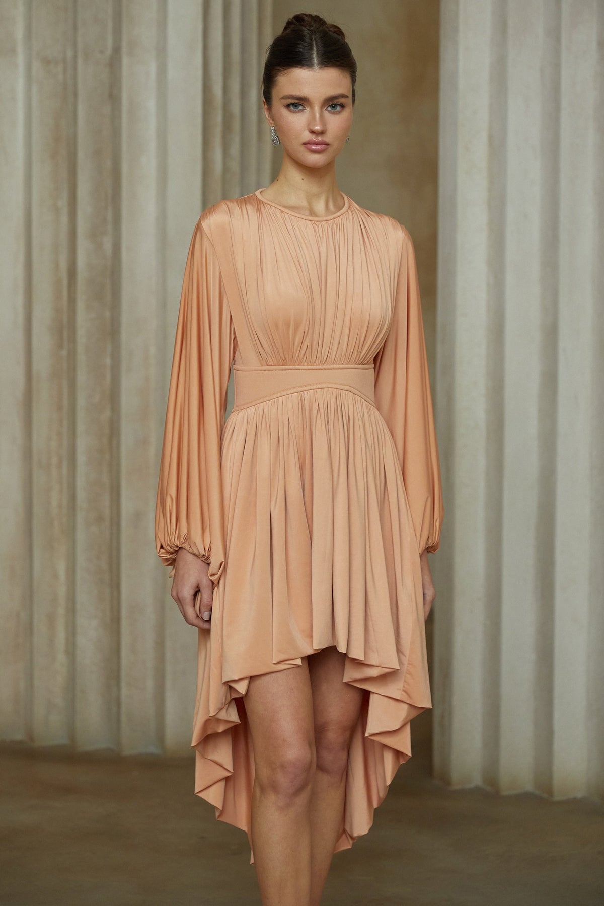 Kenza Brown Asymmetrical Pleated Midi Dress