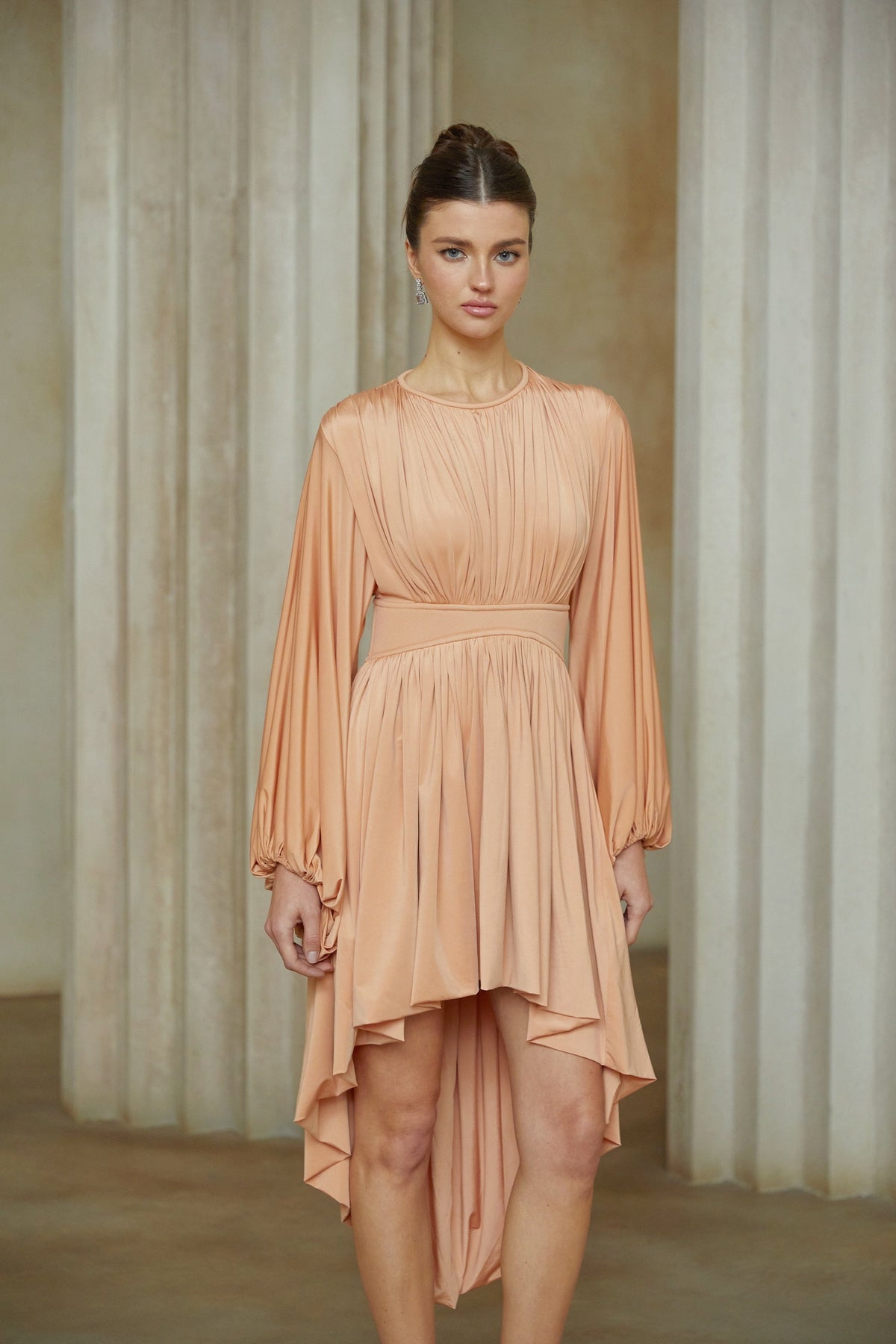 Kenza Brown Asymmetrical Pleated Midi Dress