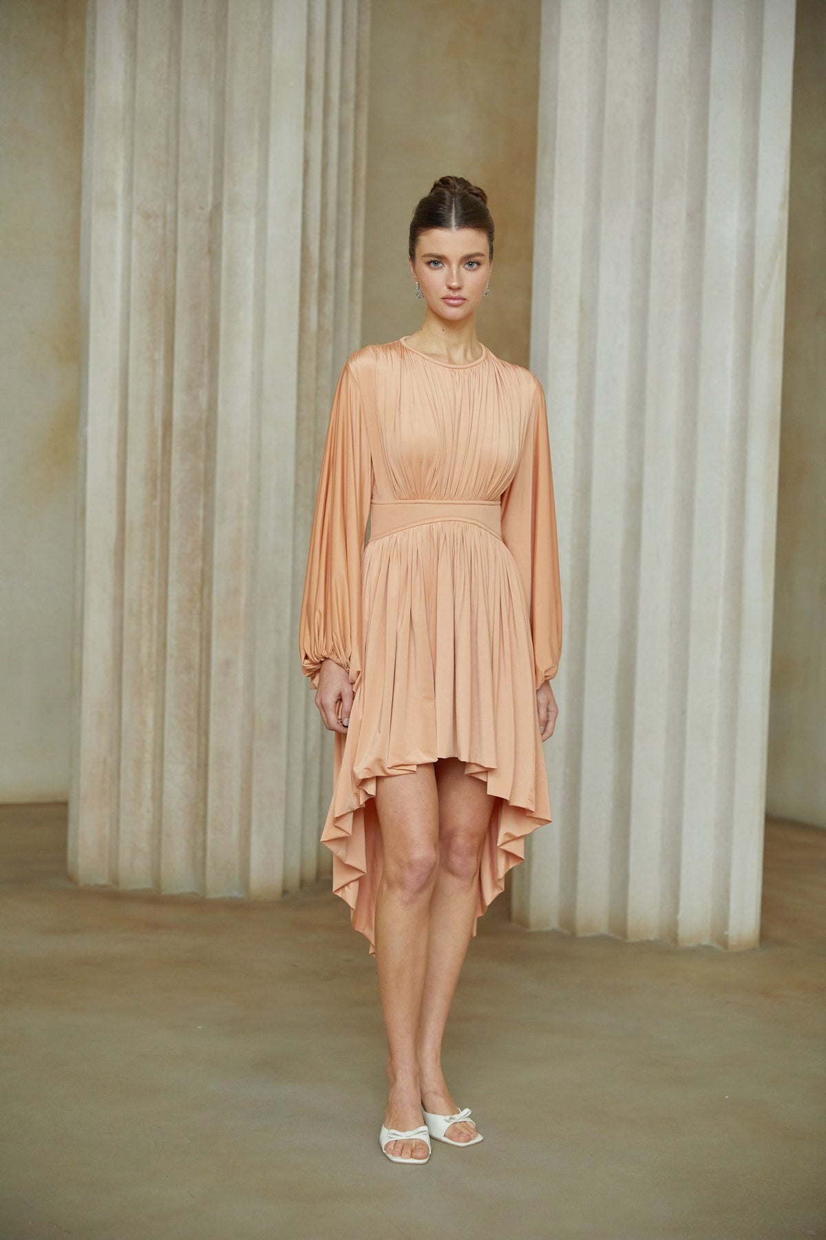 Kenza Brown Asymmetrical Pleated Midi Dress