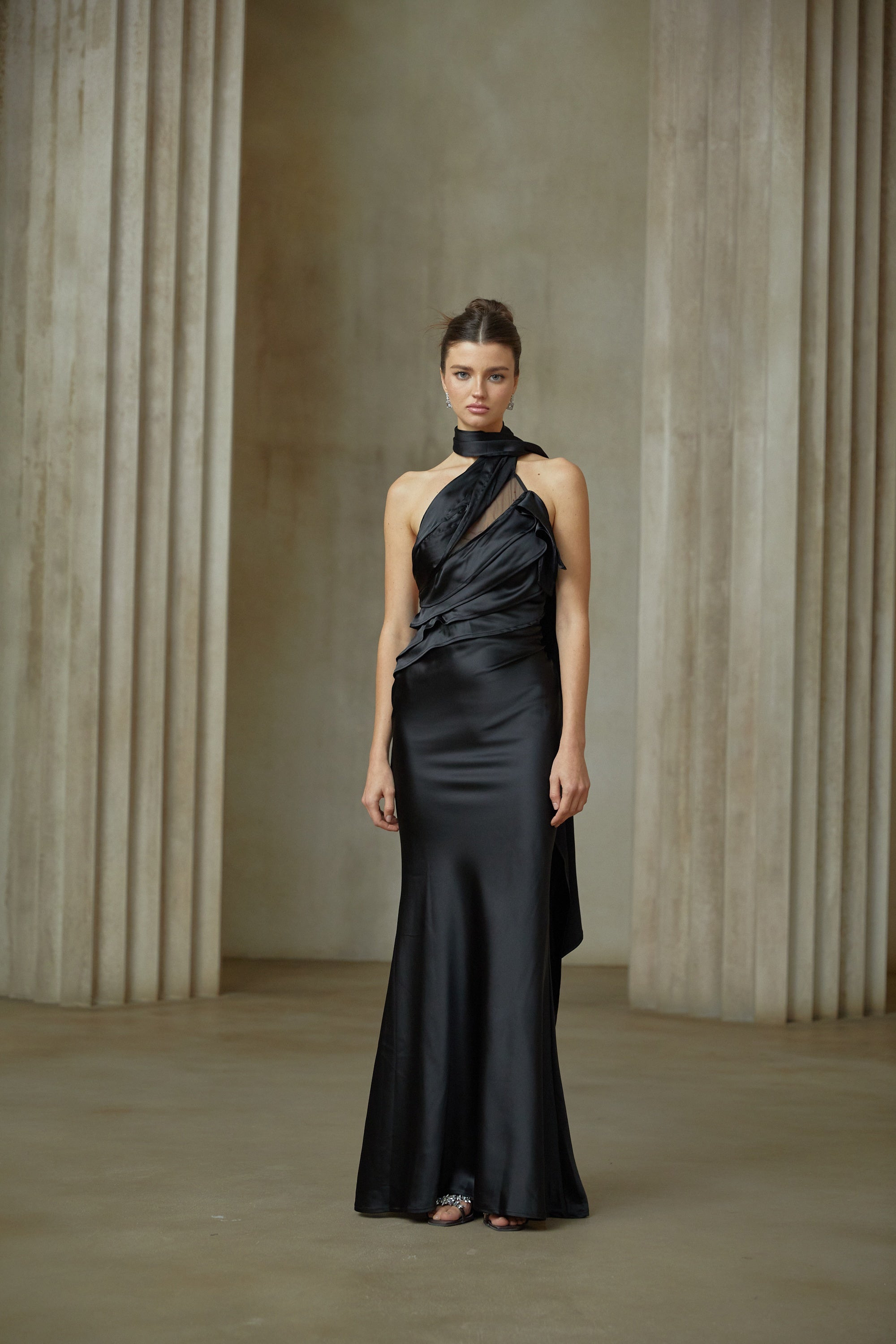 Maureen black ribbon-design satin maxi dress