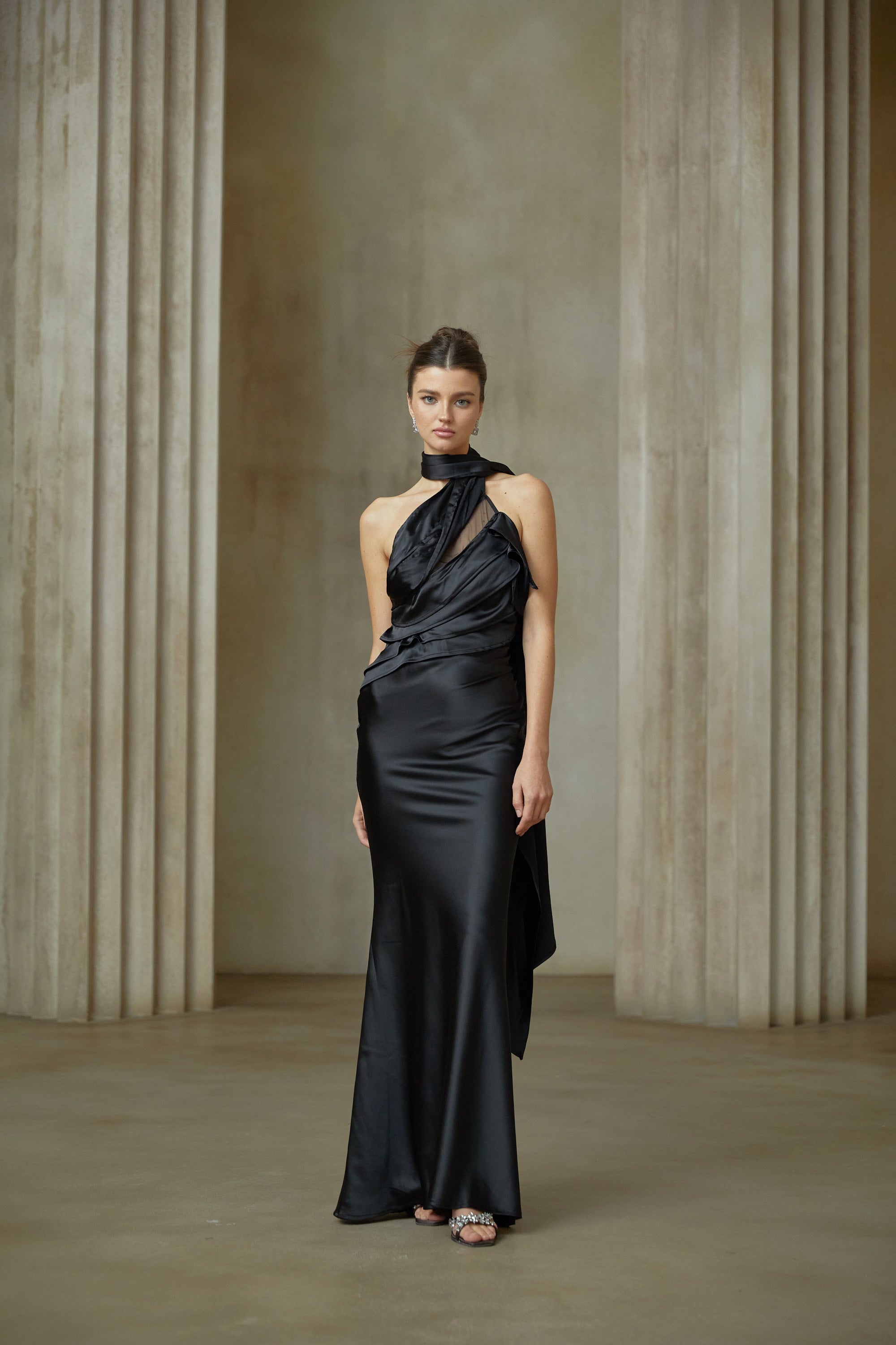Maureen black ribbon-design satin maxi dress