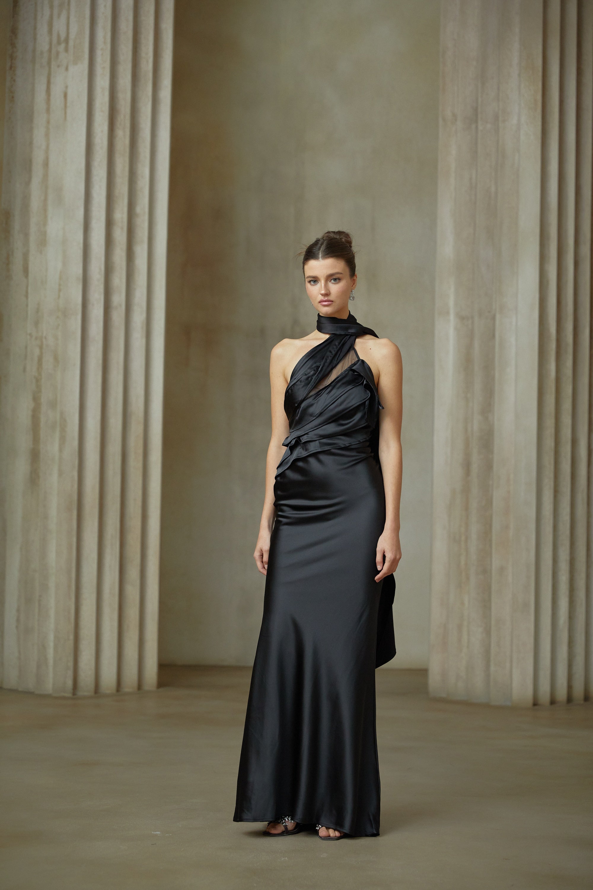 Maureen black ribbon-design satin maxi dress