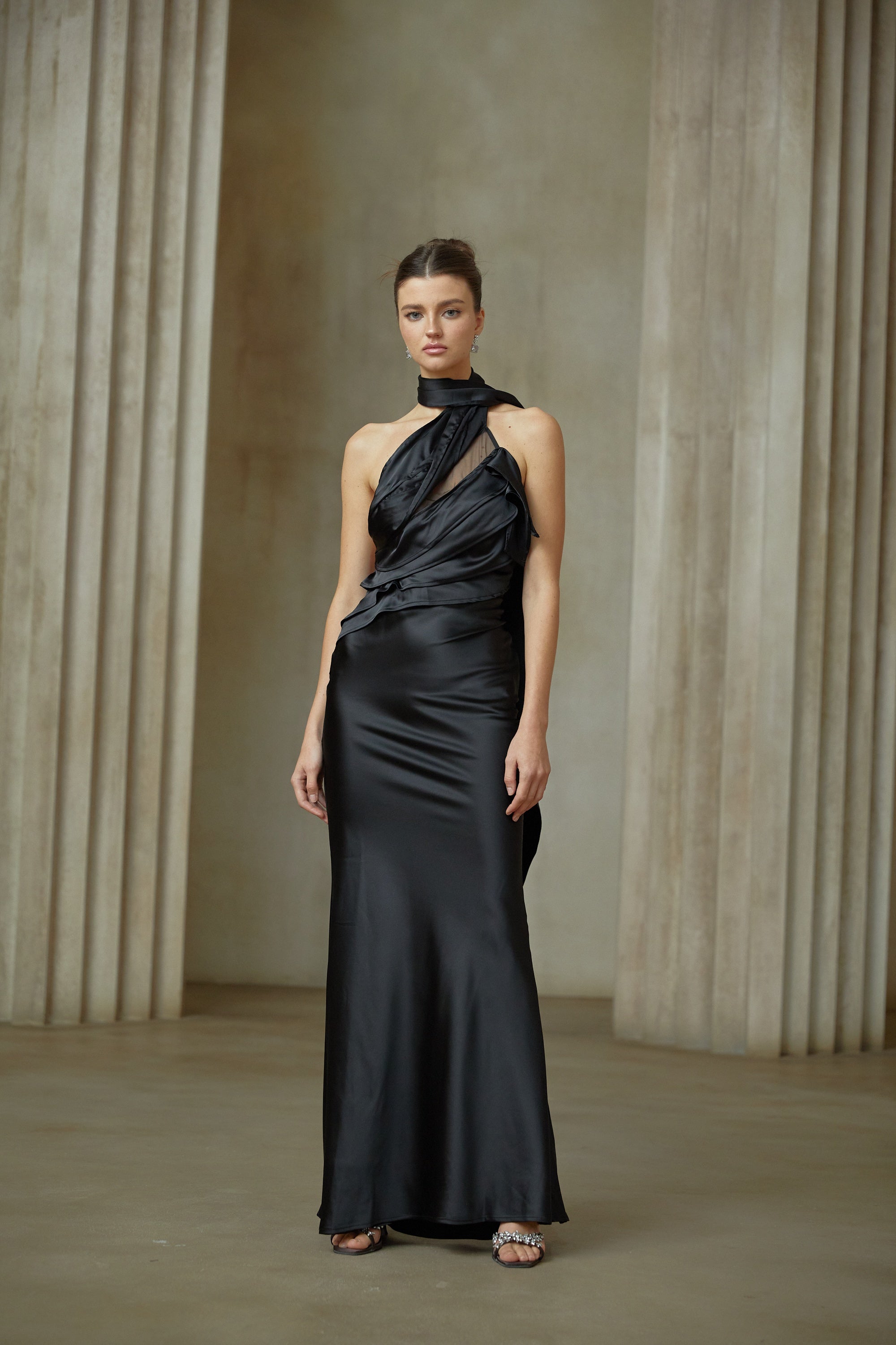 Maureen black ribbon-design satin maxi dress