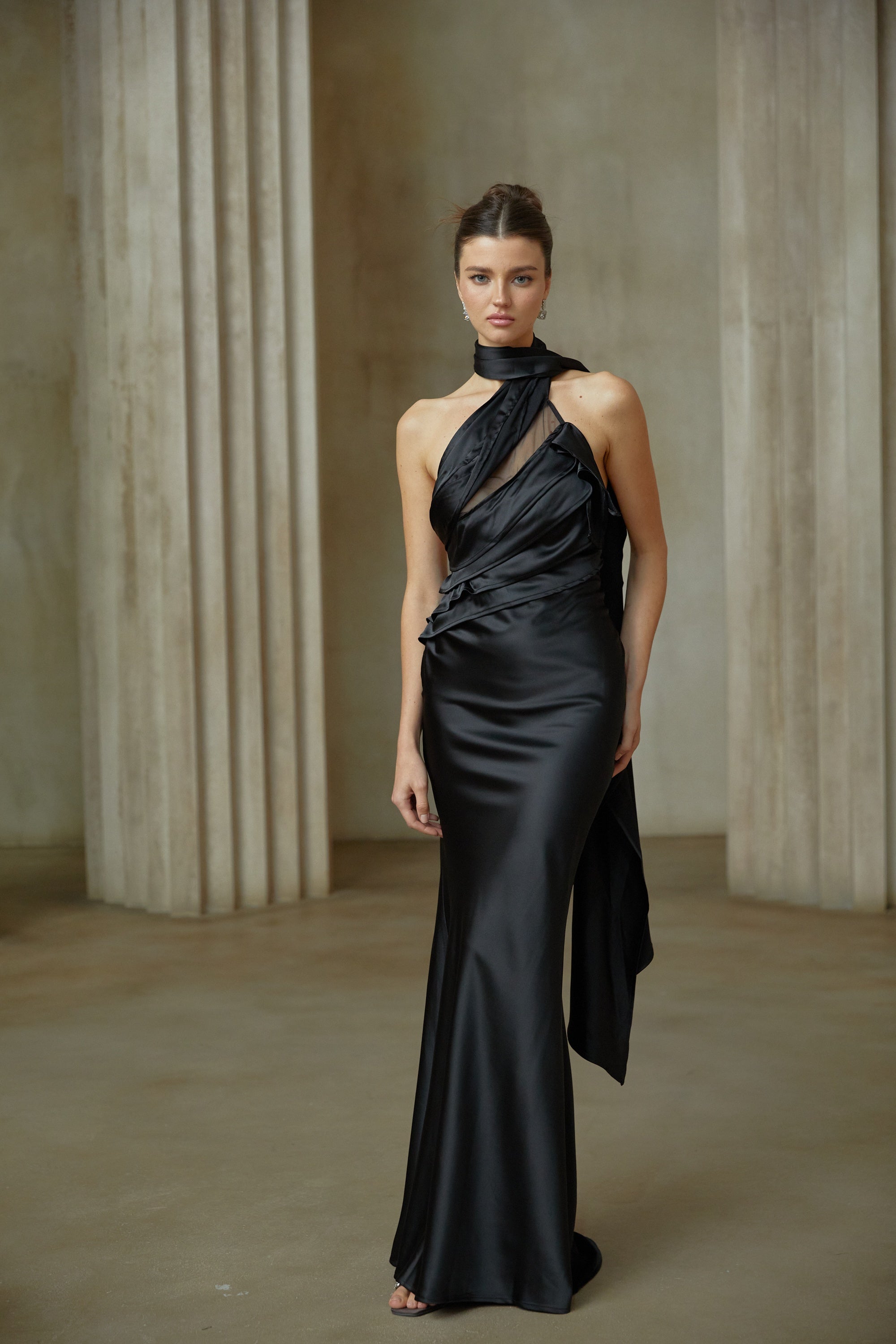 Maureen black ribbon-design satin maxi dress