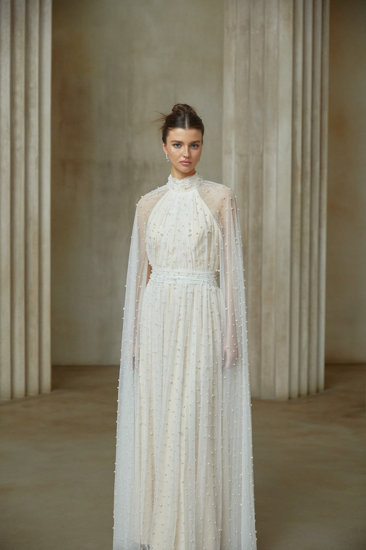 Louane white cape-design embellished tulle maxi dress