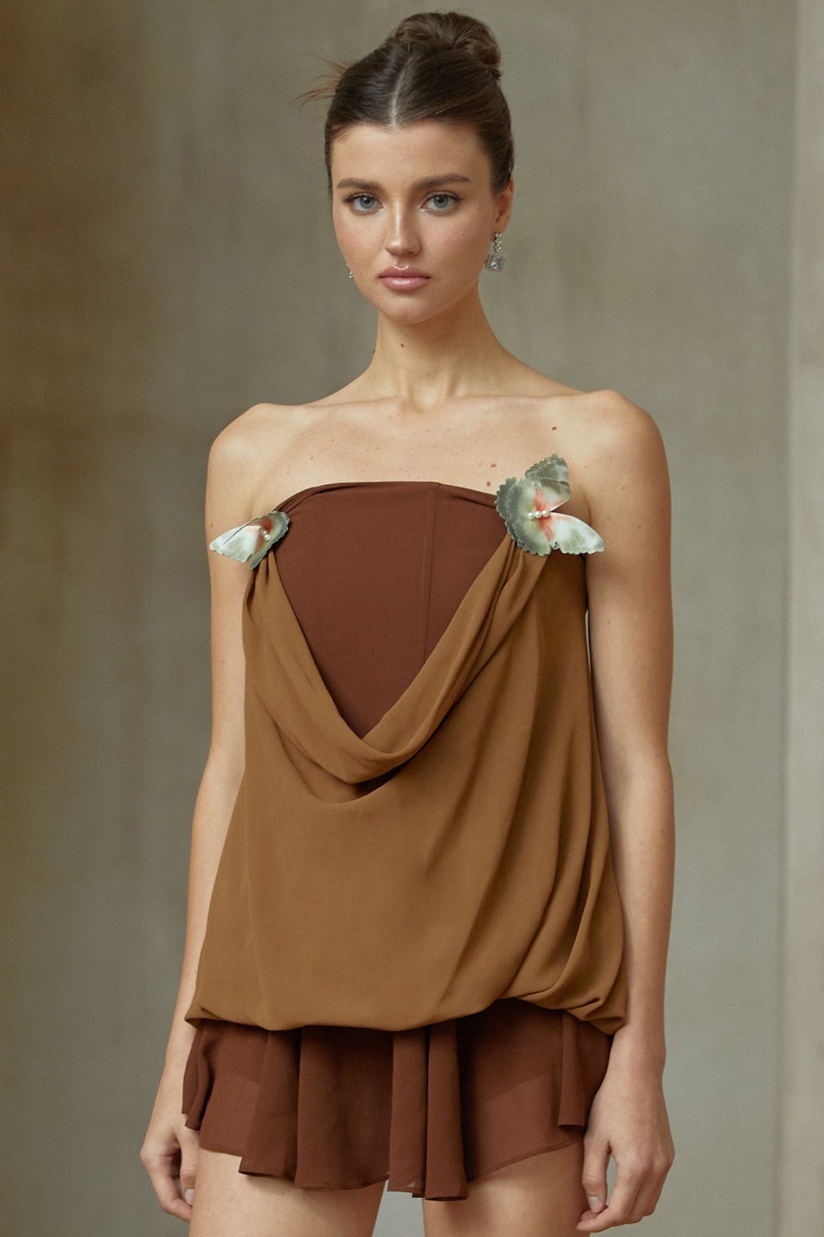 Vanessa brown butterfly-pin panelled top & skirt matching set