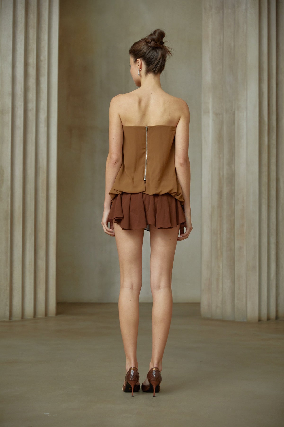 Vanessa brown butterfly-pin panelled top & skirt matching set