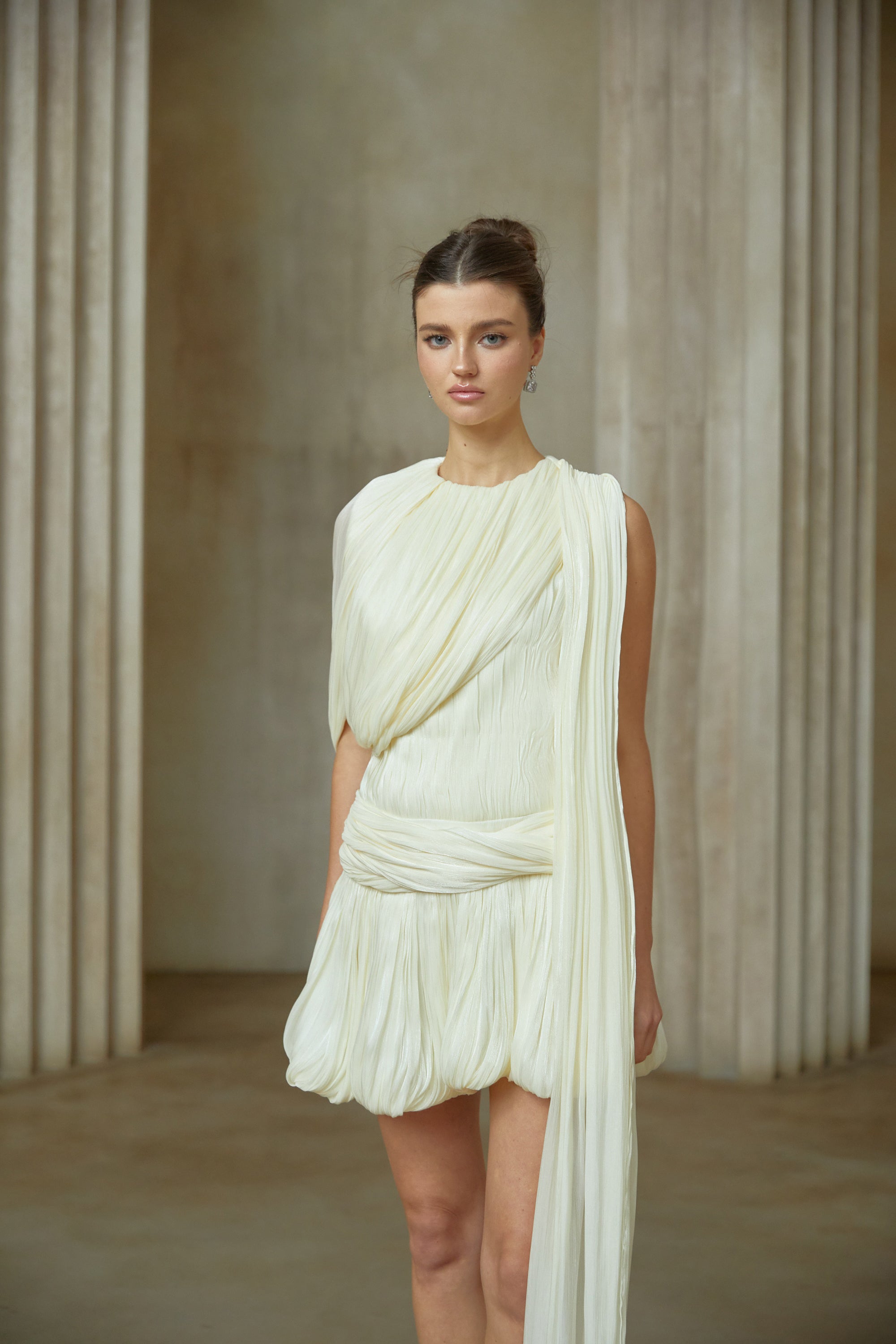 Cyrielle Pleated Mini Dress with Ribbon Design Accent