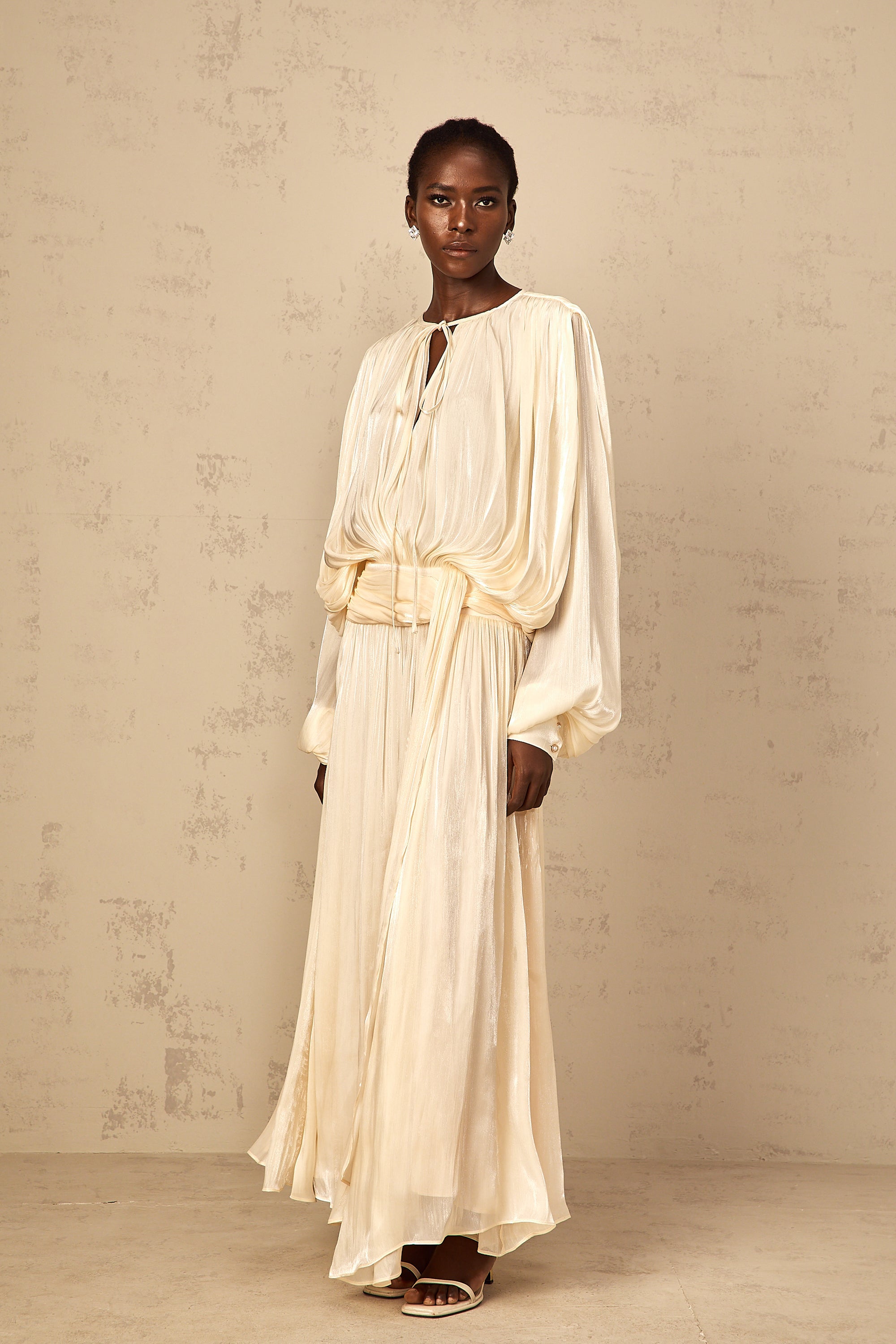 Eugénie Pleated Ruffle Maxi Dress in Neutral