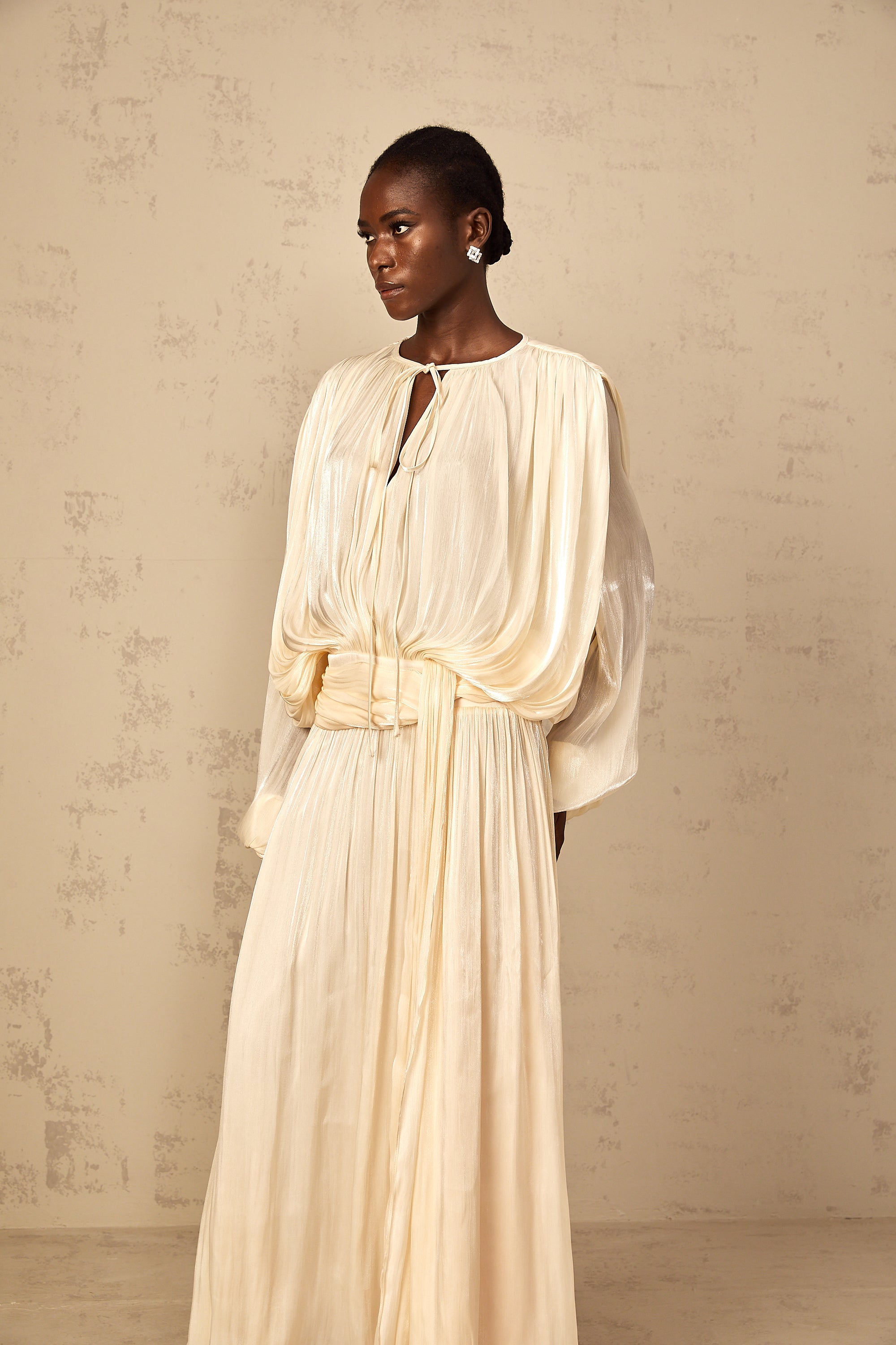 Eugénie Pleated Ruffle Maxi Dress in Neutral