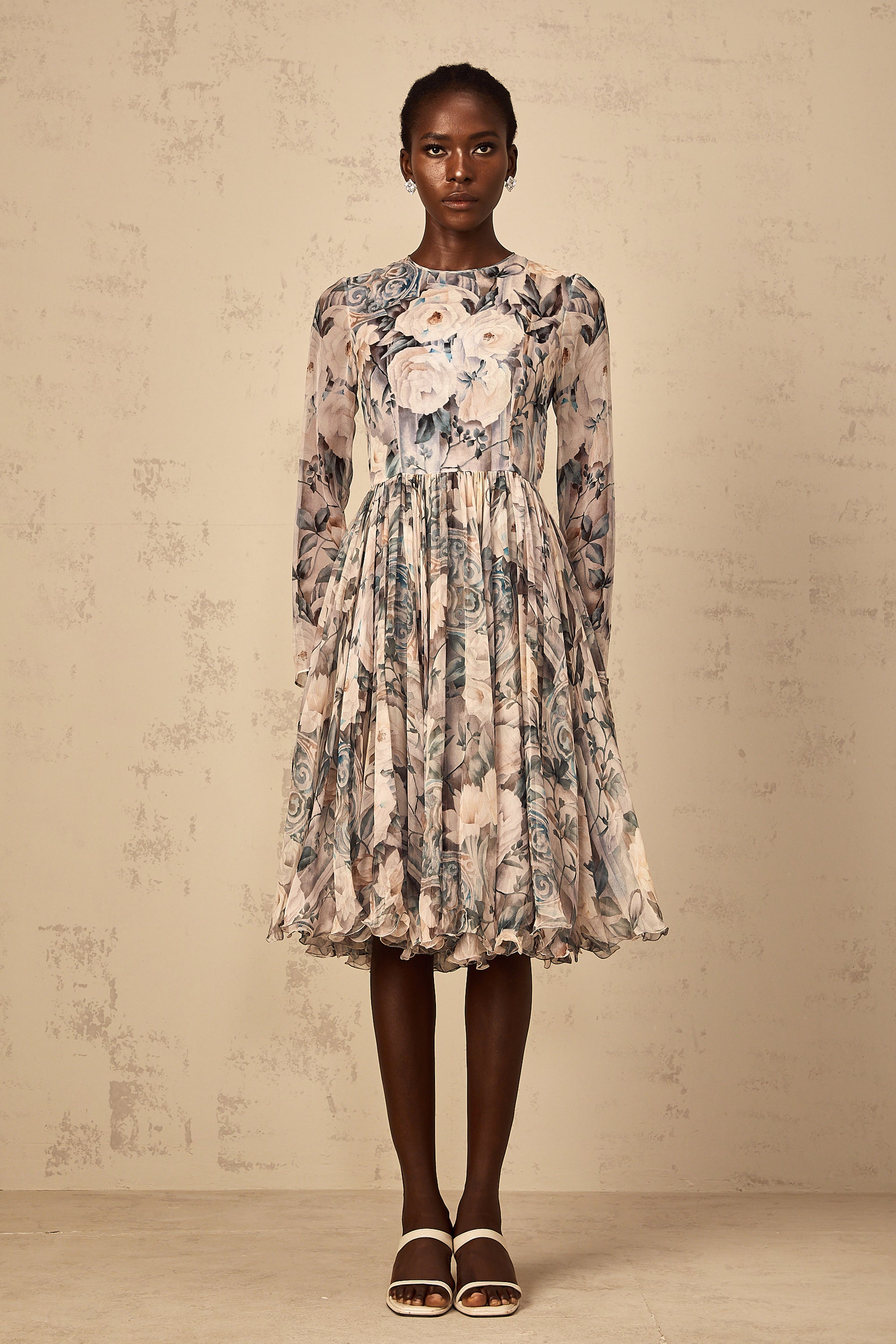 Mélanie Floral Print Pleated Chiffon Midi Dress