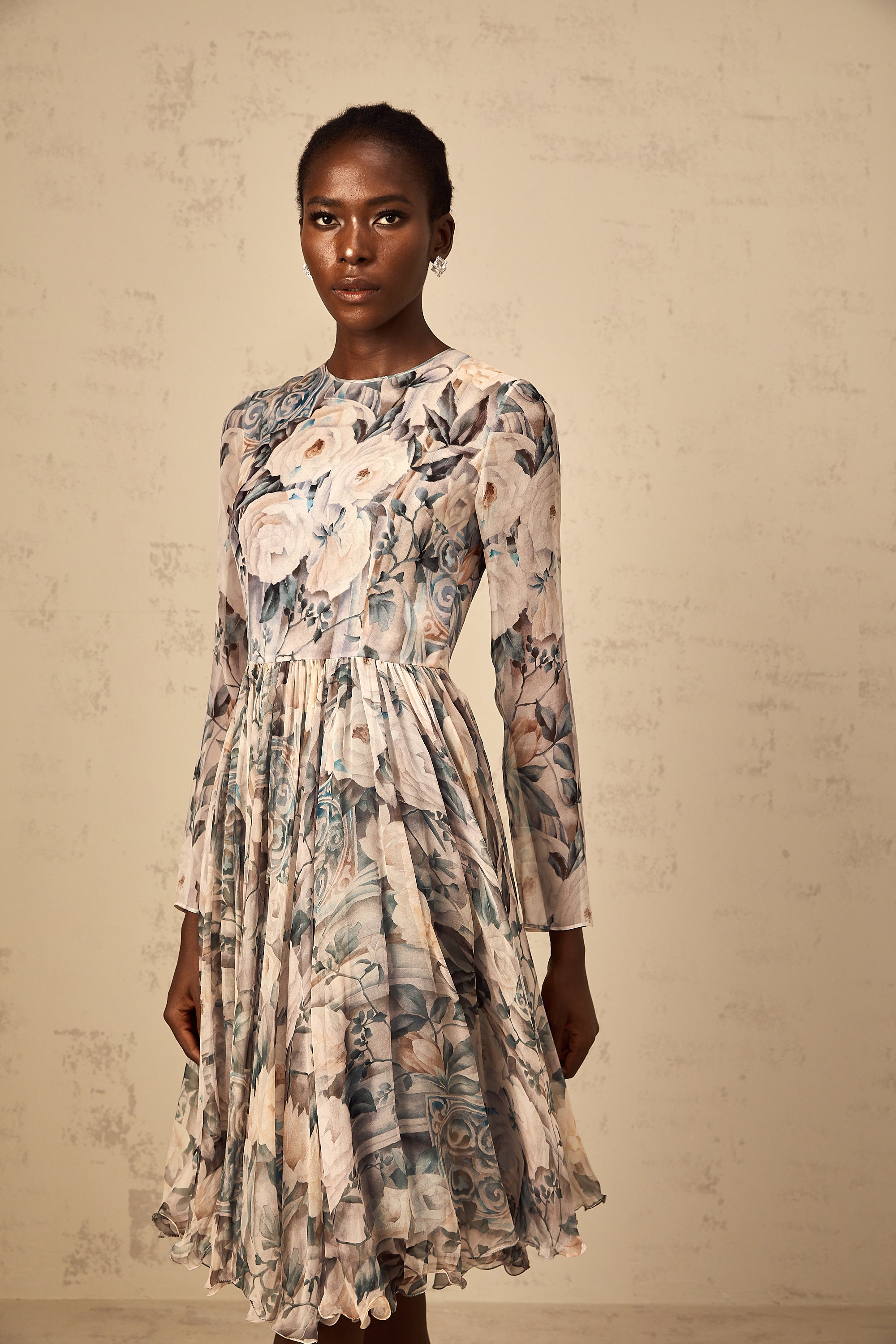 Mélanie Floral Print Pleated Chiffon Midi Dress (Final Sale-US Only)