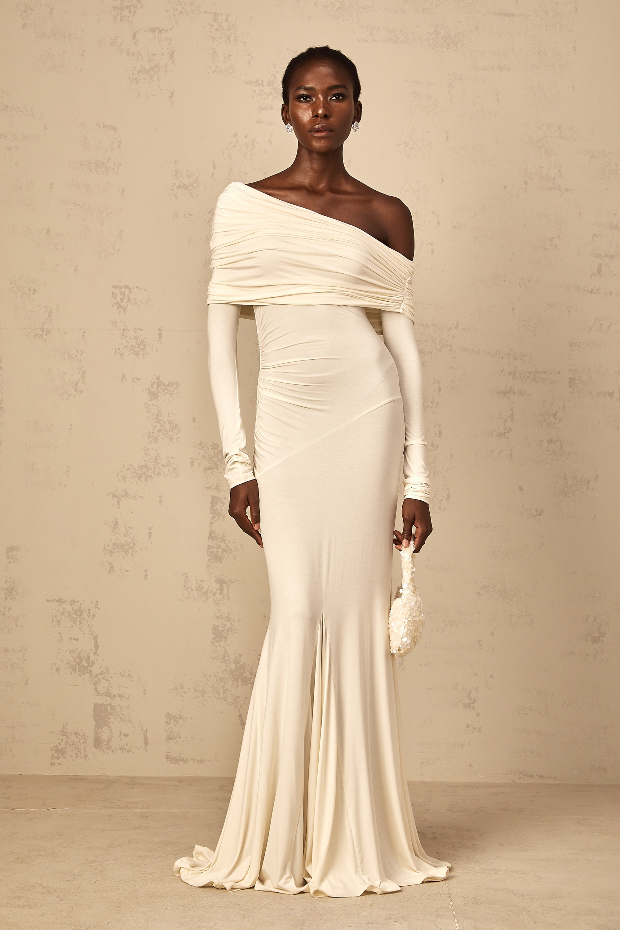 Delphine White Off-Shoulder Ruched Maxi Dress