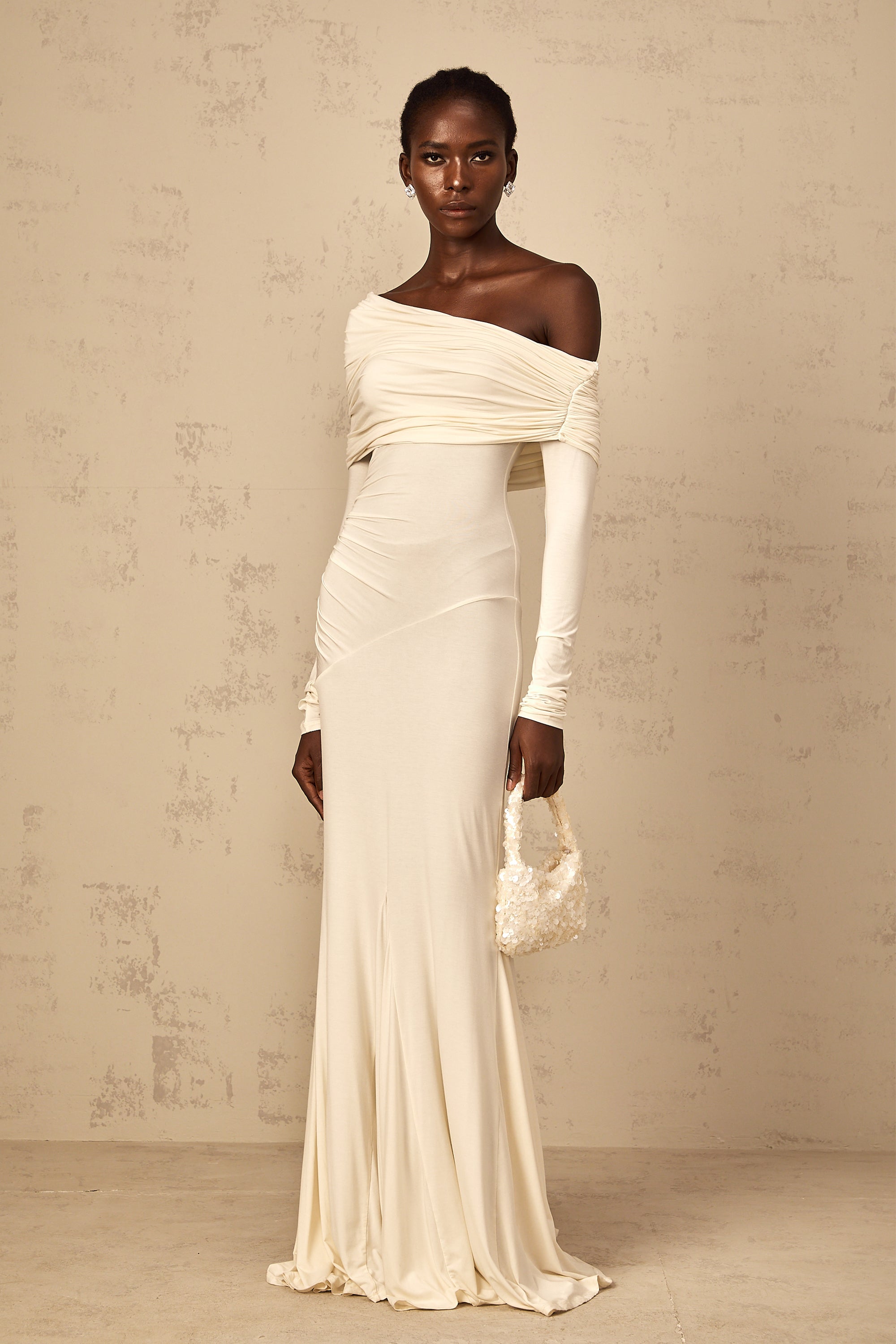 Delphine White Off-Shoulder Ruched Maxi Dress